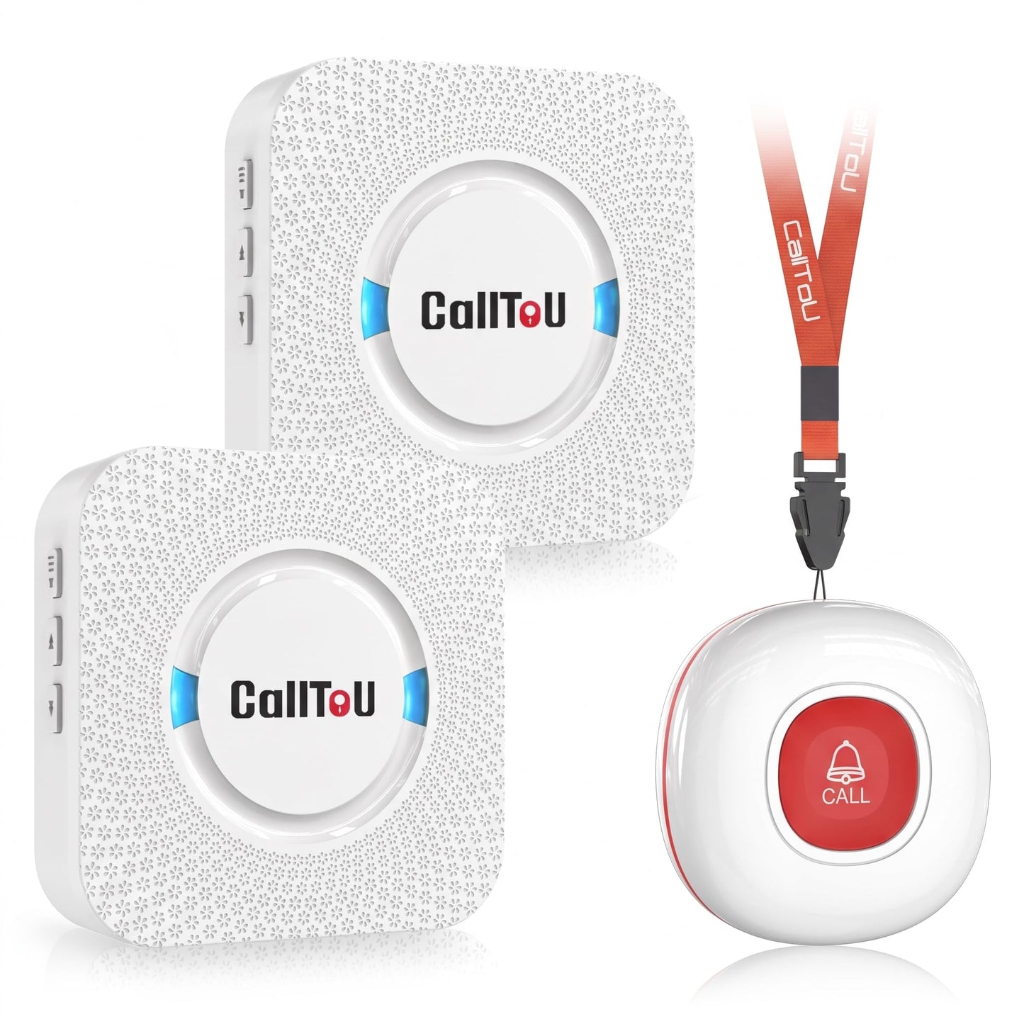 CallToU Wireless Caregiver Pager Smart Call System 2 SOS Call Buttons/Transmitters 2 Receivers Nurse Calling Alert Patient Help System for Home/Personal Attention Pager 500+Feet Plugin Receiver