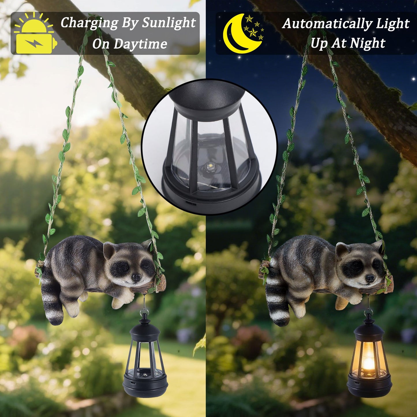 Solar Lighted Garden Outdoor Statue, 22.6" H Hanging Swing Lying with A Sleeping Cat and A LED Lantern, Resin Animal Figurine Hanging Ornaments with Hook for Decoration & Gift