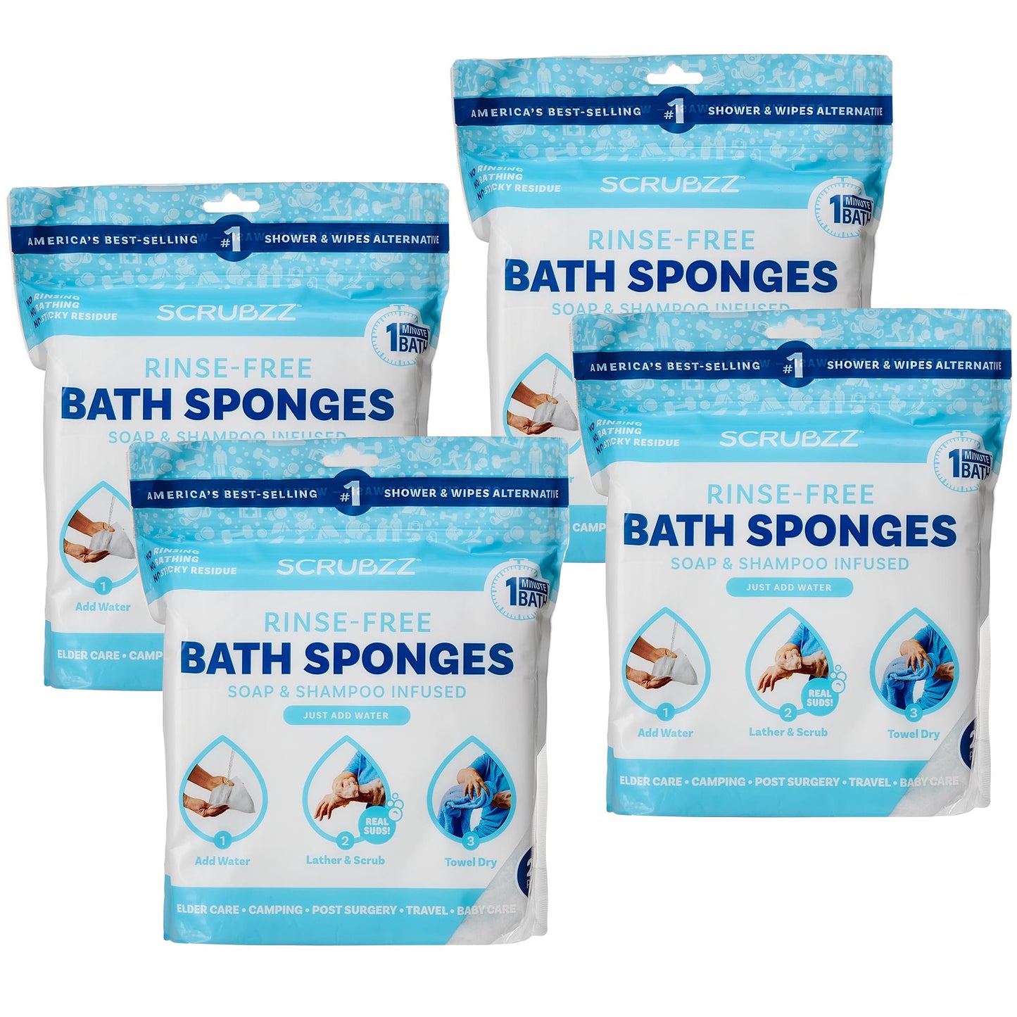 Scrubzz Disposable Rinse Free Bathing Wipes - 25 Pack - All-in-1 Single Use Shower Wipes, Simply Dampen, Lather, and Dry Without Shampoo or Rinsing