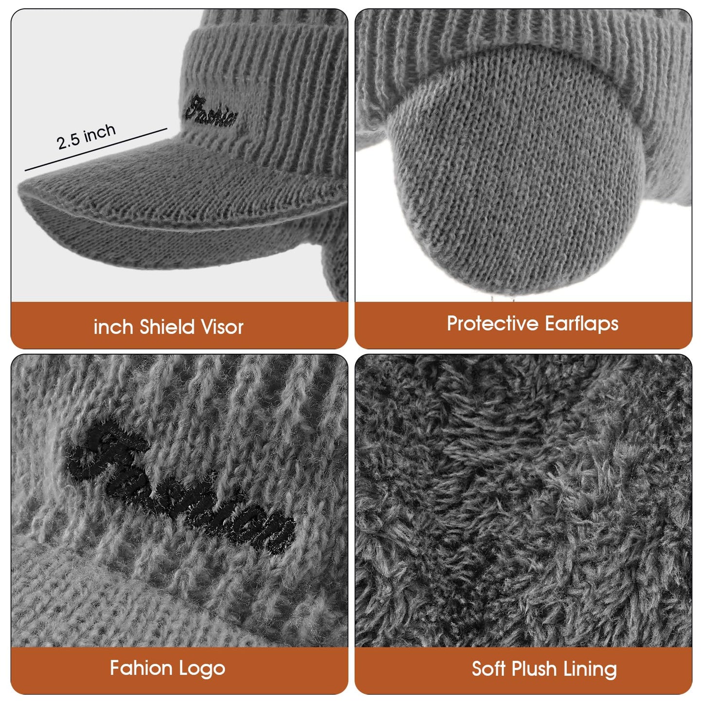 Winter Hat with Ear Flaps for Men, Beanie with Brim Hat Scarf Set, Warm Fleece Lined Skull Cap Neck Warmer for Women