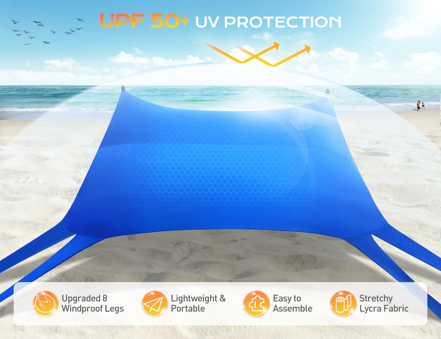 Rengue Beach Tent, Beach Canopy UPF50+ UV Protection, 10x10ft Beach Shade Sun Shelter with 8 Sandbags, Sand Shovels, Ground Peg, Stability Poles for Camping, Fishing, Picnic, Backyard Fun, Light Green