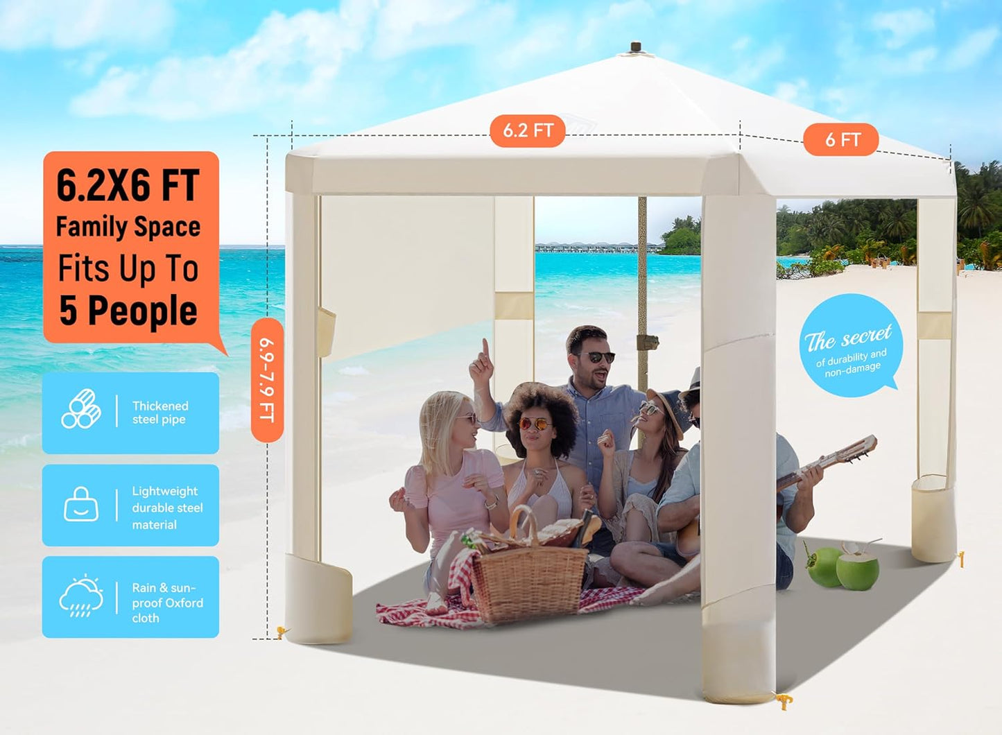 Decofy Beach Cabana, 6.2' x 6' Portable Canopy with Side Wall, 4 Adjustable Height, UPF 50+ UV Protection, Easy to Set Up Tent, Waterproof Beach Shelter for Outdoor Patio Eateries Pools Cafes Picnic