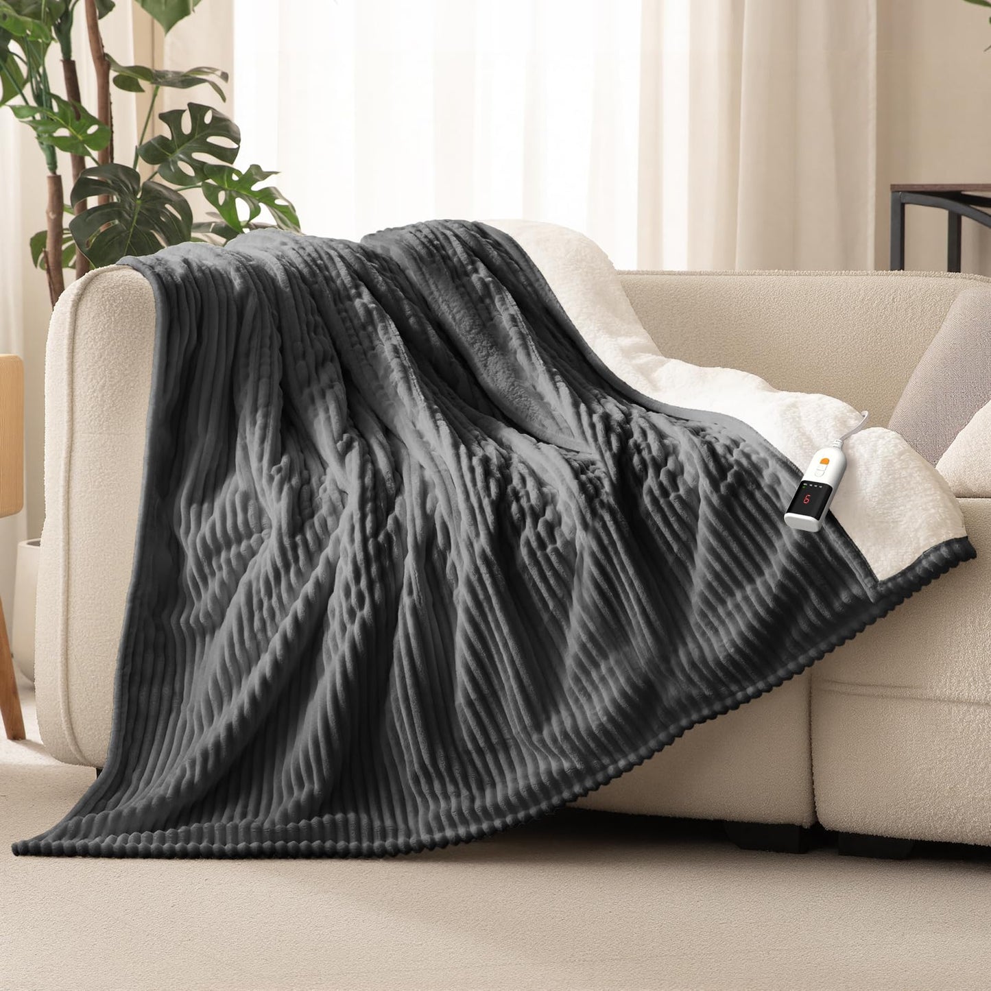 Reaks Electric Heated Throw Blanket, Silky Soft Flannel & Sherpa Heating Blanket Throw with 5 Heat Levels & 3 Hours Auto Off, Warm Gifts for Women Mom Grandma, ETL Certified (50x60 inches, White)