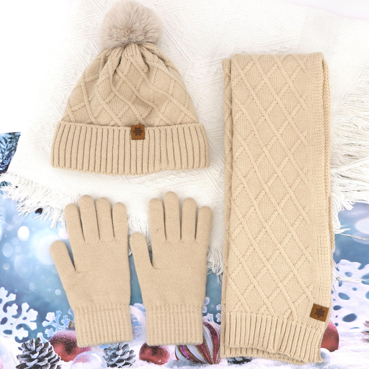 YARIEW Winter Hat Scarf and Gloves Set for Women, Warm Knitted Beanie with Pom Pom, Soft Ear Warmer Scarf, Warm Gloves