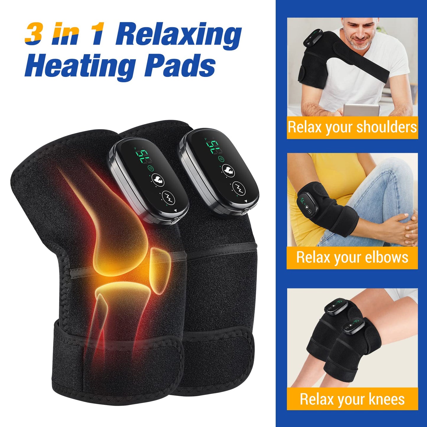Cordless Heated Knee Massager, FSA Eligible 3-in-1 Wearable Wrap for Knee, Elbow and Shoulder, Rechargeable Heat and Vibration Massager, 6 Heat Levels, 3 Massage Modes