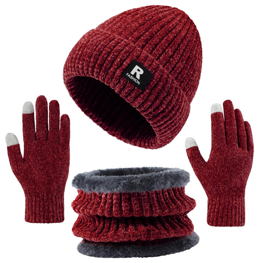 Winter Beanie Hat Circle Scarf Gloves Set for Men Women, Thick Warm Chenille Skull Cap Touchscreen Gloves Neck Warmer