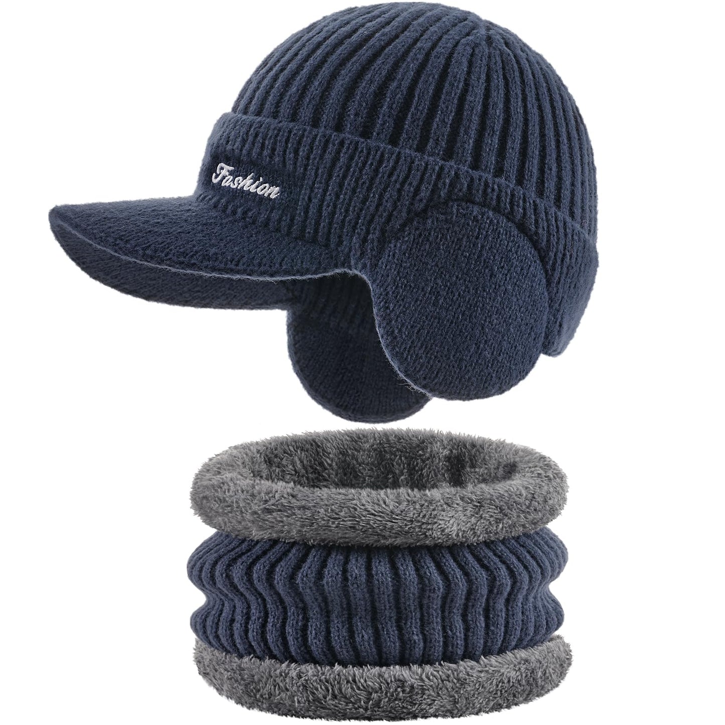 Winter Hat with Ear Flaps for Men, Beanie with Brim Hat Scarf Set, Warm Fleece Lined Skull Cap Neck Warmer for Women