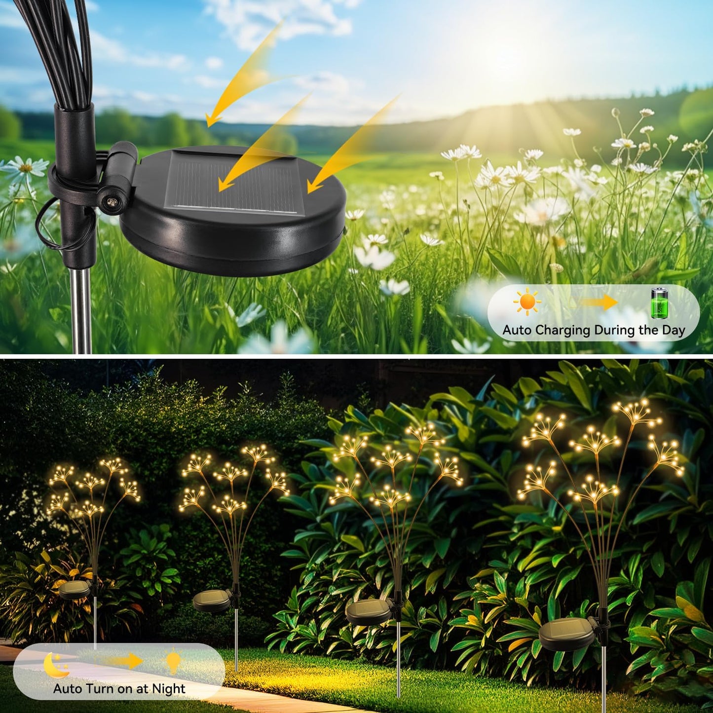 JJGoo Solar Garden Lights, New Upgraded 2 Pack Solar Swaying Starburst Light, Waterproof Fireworks Outdoor Lights, Yard Patio Pathway Decoration, Warm White