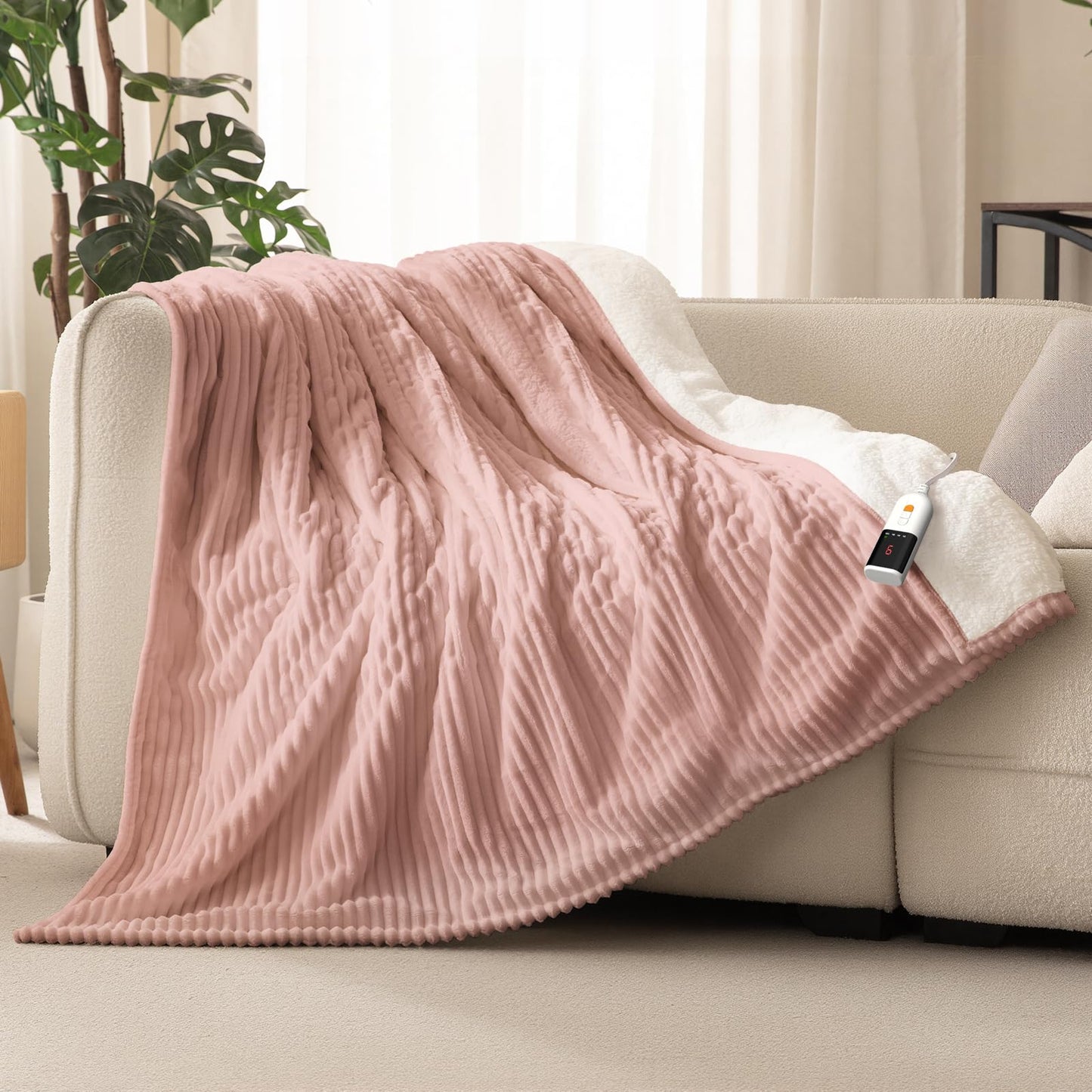 Reaks Electric Heated Throw Blanket, Silky Soft Flannel & Sherpa Heating Blanket Throw with 5 Heat Levels & 3 Hours Auto Off, Warm Gifts for Women Mom Grandma, ETL Certified (50x60 inches, White)
