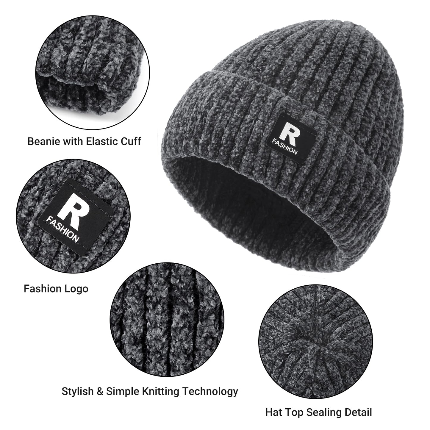 Winter Beanie Hat Circle Scarf Gloves Set for Men Women, Thick Warm Chenille Skull Cap Touchscreen Gloves Neck Warmer