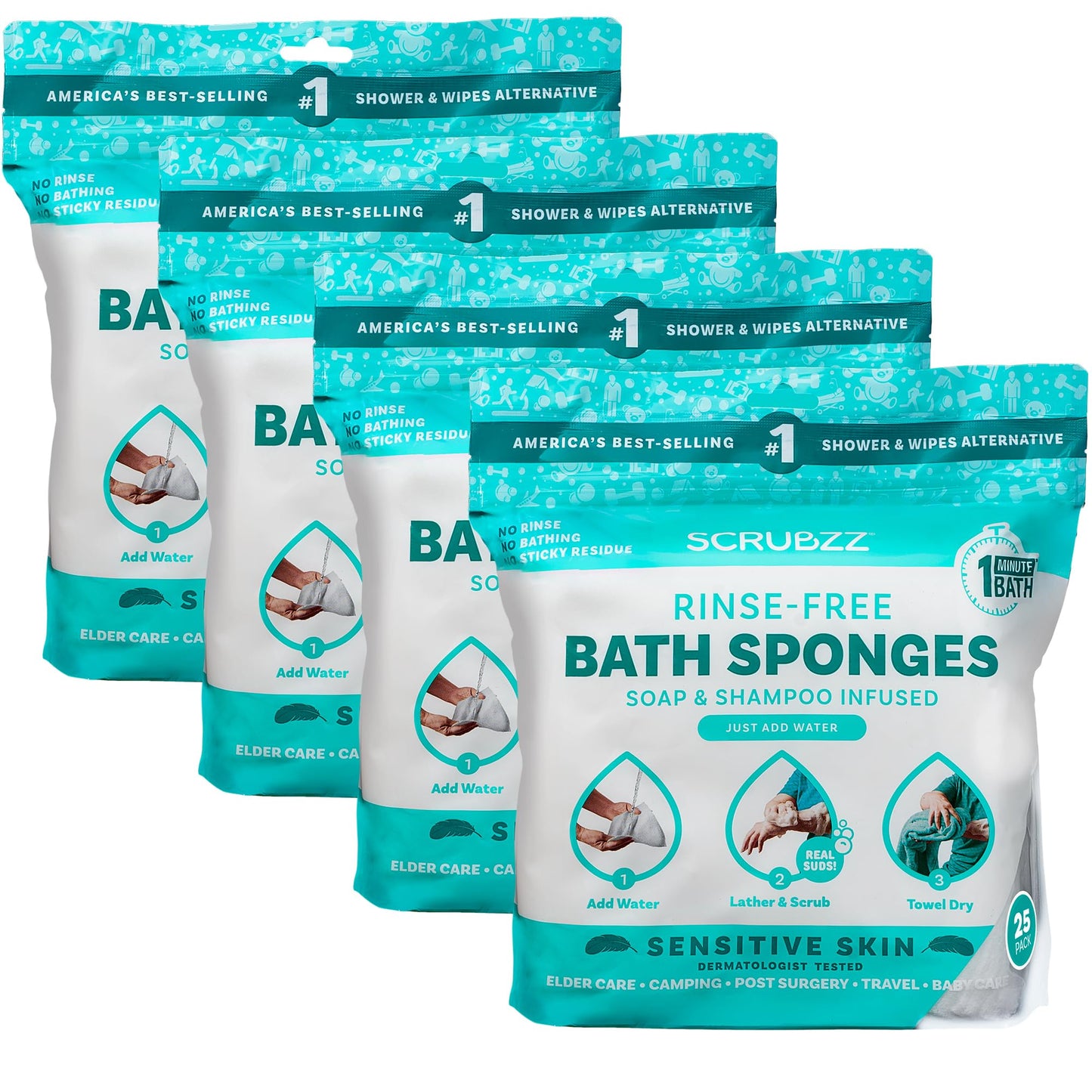 Scrubzz Disposable Rinse Free Bathing Wipes - 25 Pack - All-in-1 Single Use Shower Wipes, Simply Dampen, Lather, and Dry Without Shampoo or Rinsing