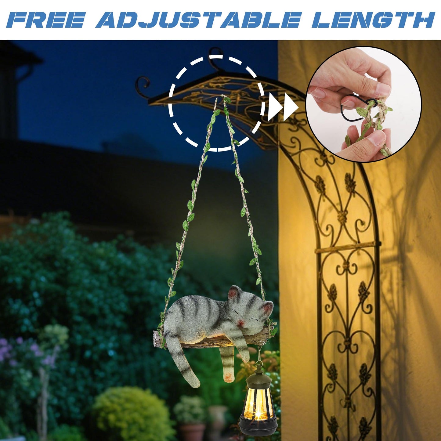Solar Lighted Garden Outdoor Statue, 22.6" H Hanging Swing Lying with A Sleeping Cat and A LED Lantern, Resin Animal Figurine Hanging Ornaments with Hook for Decoration & Gift