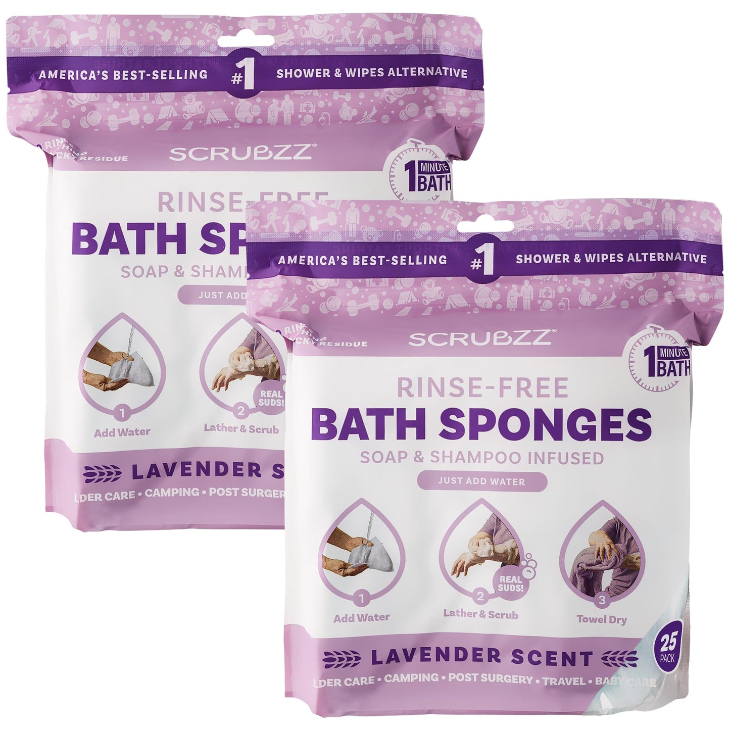 Scrubzz Disposable Rinse Free Bathing Wipes - 25 Pack - All-in-1 Single Use Shower Wipes, Simply Dampen, Lather, and Dry Without Shampoo or Rinsing