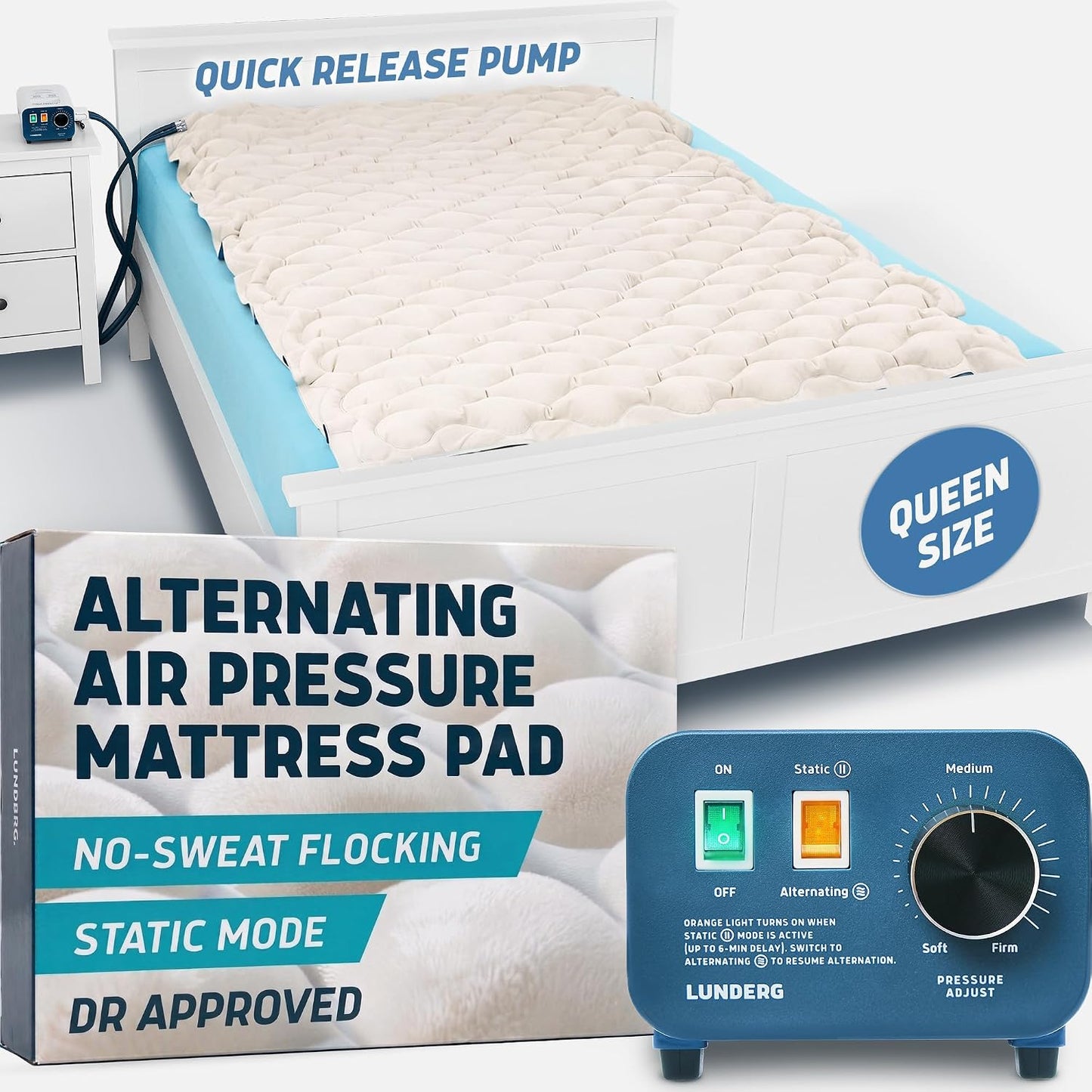 Lunderg Alternating Air Pressure Mattress Pad with Static Mode - Comfortable Bed Sore Prevention - Includes Waterproof Mattress Topper for Hospital Bed or Home & Quiet Pump - Doctors Recommended