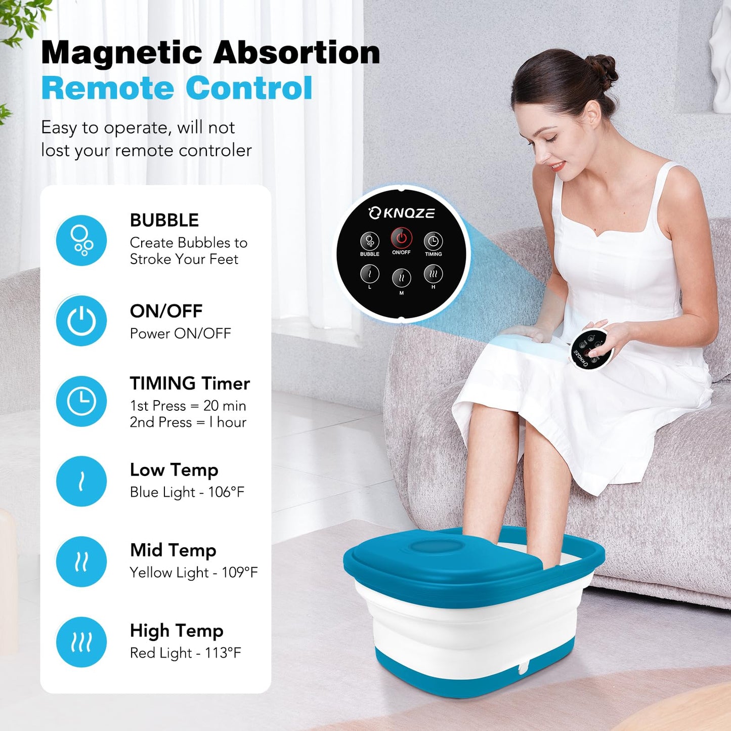 KNQZE Collapsible Foot Spa Bath with Heat & Remote Control, Bubble Massage, Temperature Control, Red Light, Timer, 16 Rollers & Pumice Stone for a Soothing Spa Experience