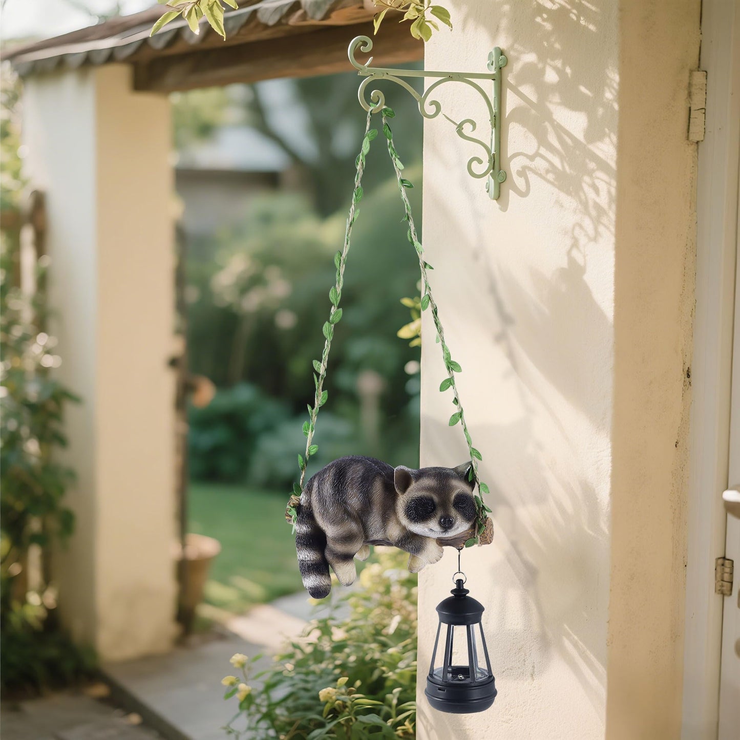Solar Lighted Garden Outdoor Statue, 22.6" H Hanging Swing Lying with A Sleeping Cat and A LED Lantern, Resin Animal Figurine Hanging Ornaments with Hook for Decoration & Gift