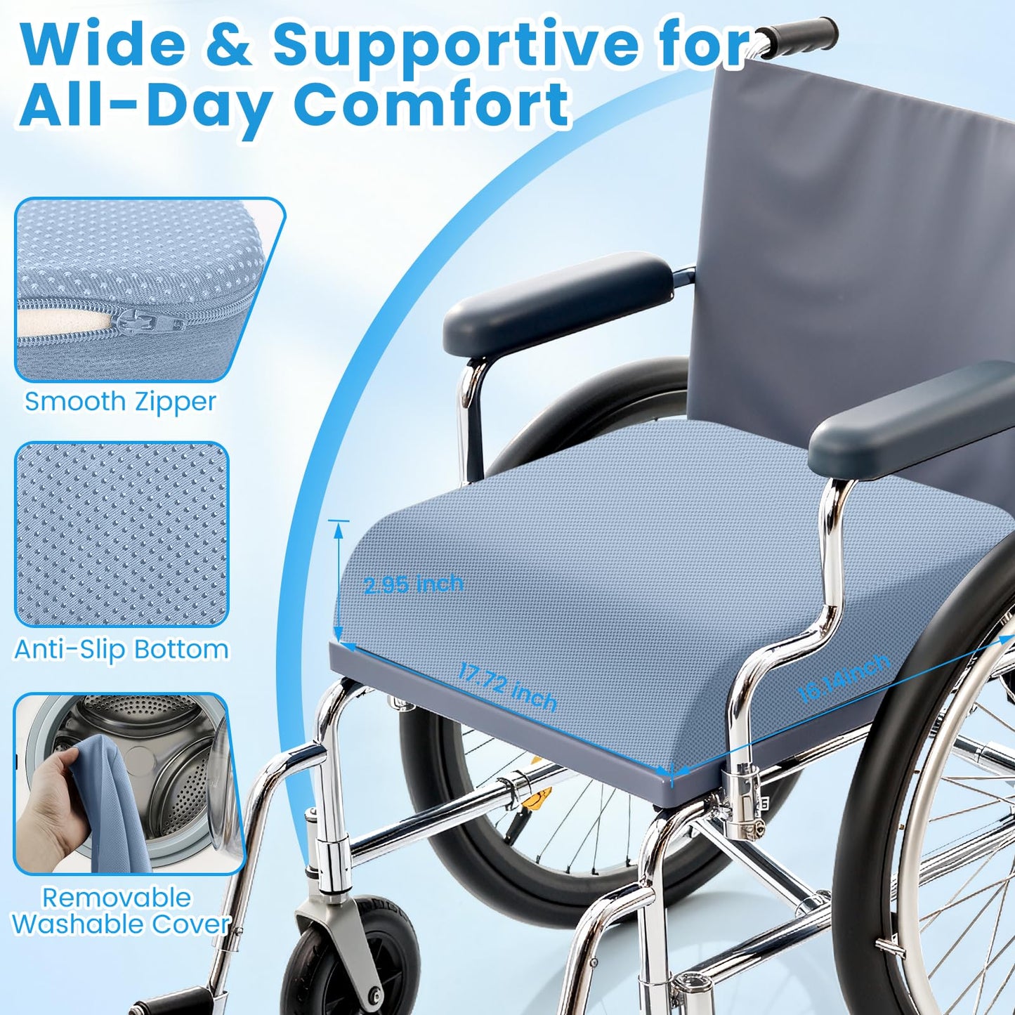 Wheelchair Seat Cushion for Pressure Relief, Cooling Gel Memory Foam Chair Cushion with Slope-Edge Design, Coccyx Support for Tailbone Pain, Non-Slip, for Wheelchairs, Office Chairs & Car Seats