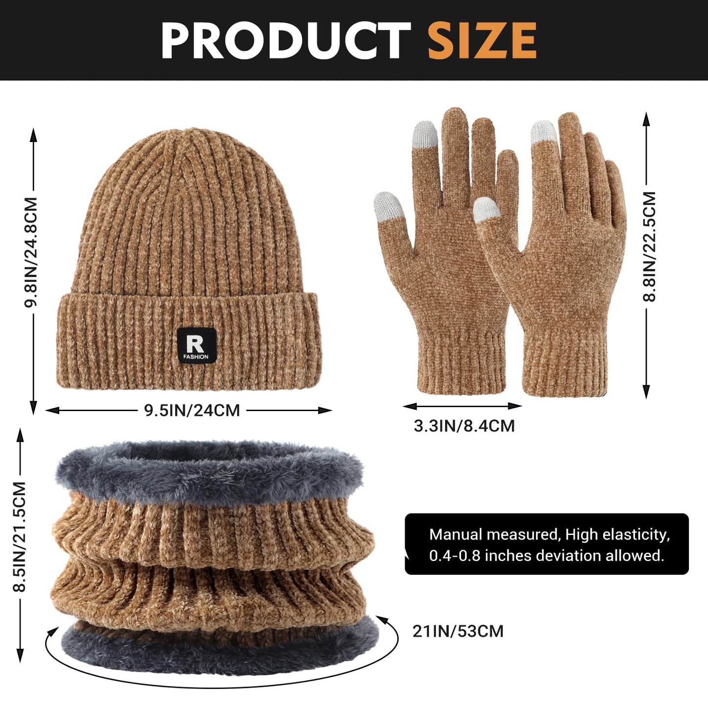 Winter Beanie Hat Circle Scarf Gloves Set for Men Women, Thick Warm Chenille Skull Cap Touchscreen Gloves Neck Warmer
