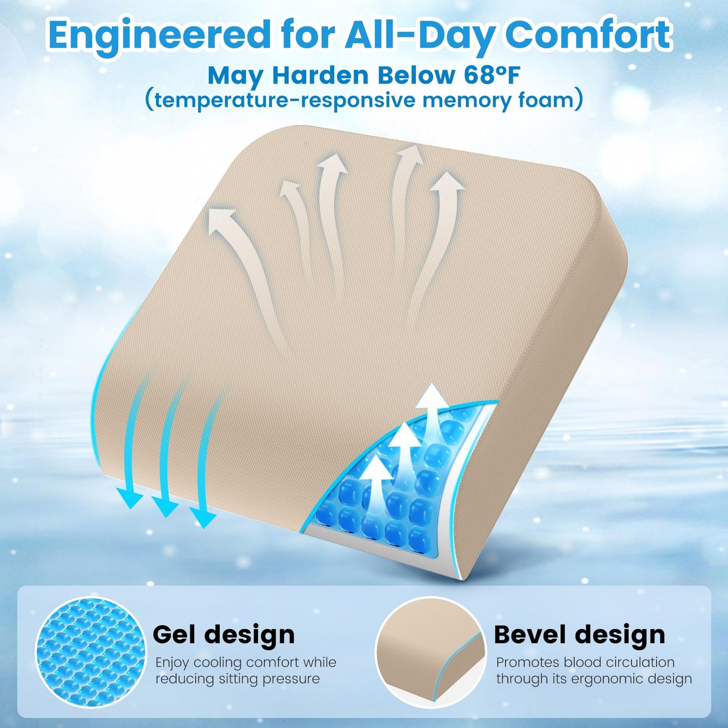 Wheelchair Seat Cushion for Pressure Relief, Cooling Gel Memory Foam Chair Cushion with Slope-Edge Design, Coccyx Support for Tailbone Pain, Non-Slip, for Wheelchairs, Office Chairs & Car Seats