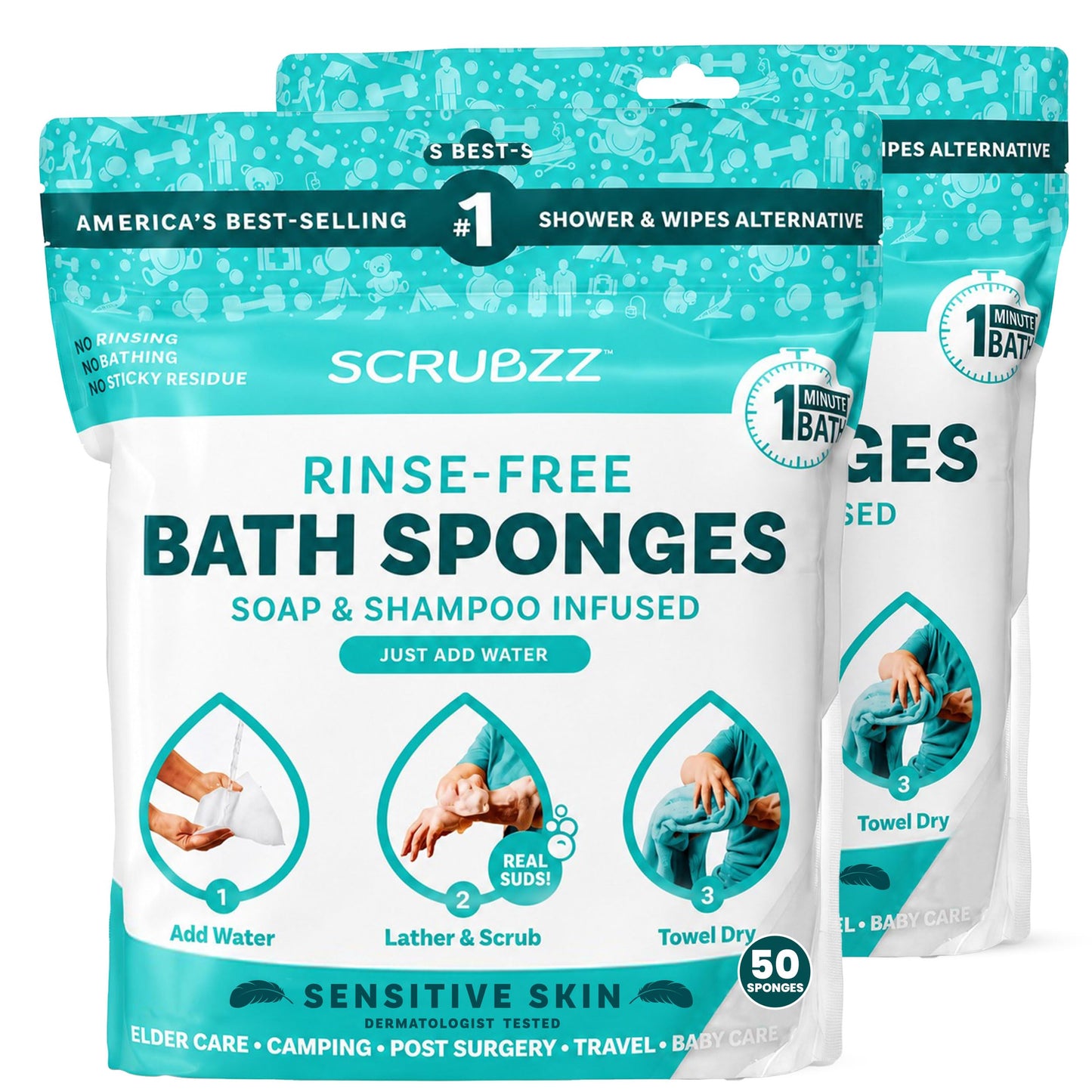 Scrubzz Disposable Rinse Free Bathing Wipes - 25 Pack - All-in-1 Single Use Shower Wipes, Simply Dampen, Lather, and Dry Without Shampoo or Rinsing