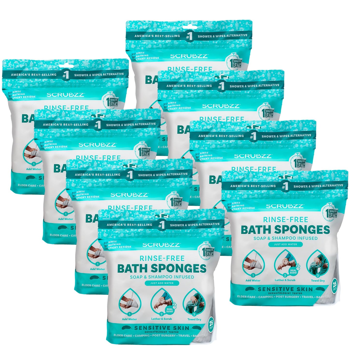 Scrubzz Disposable Rinse Free Bathing Wipes - 25 Pack - All-in-1 Single Use Shower Wipes, Simply Dampen, Lather, and Dry Without Shampoo or Rinsing