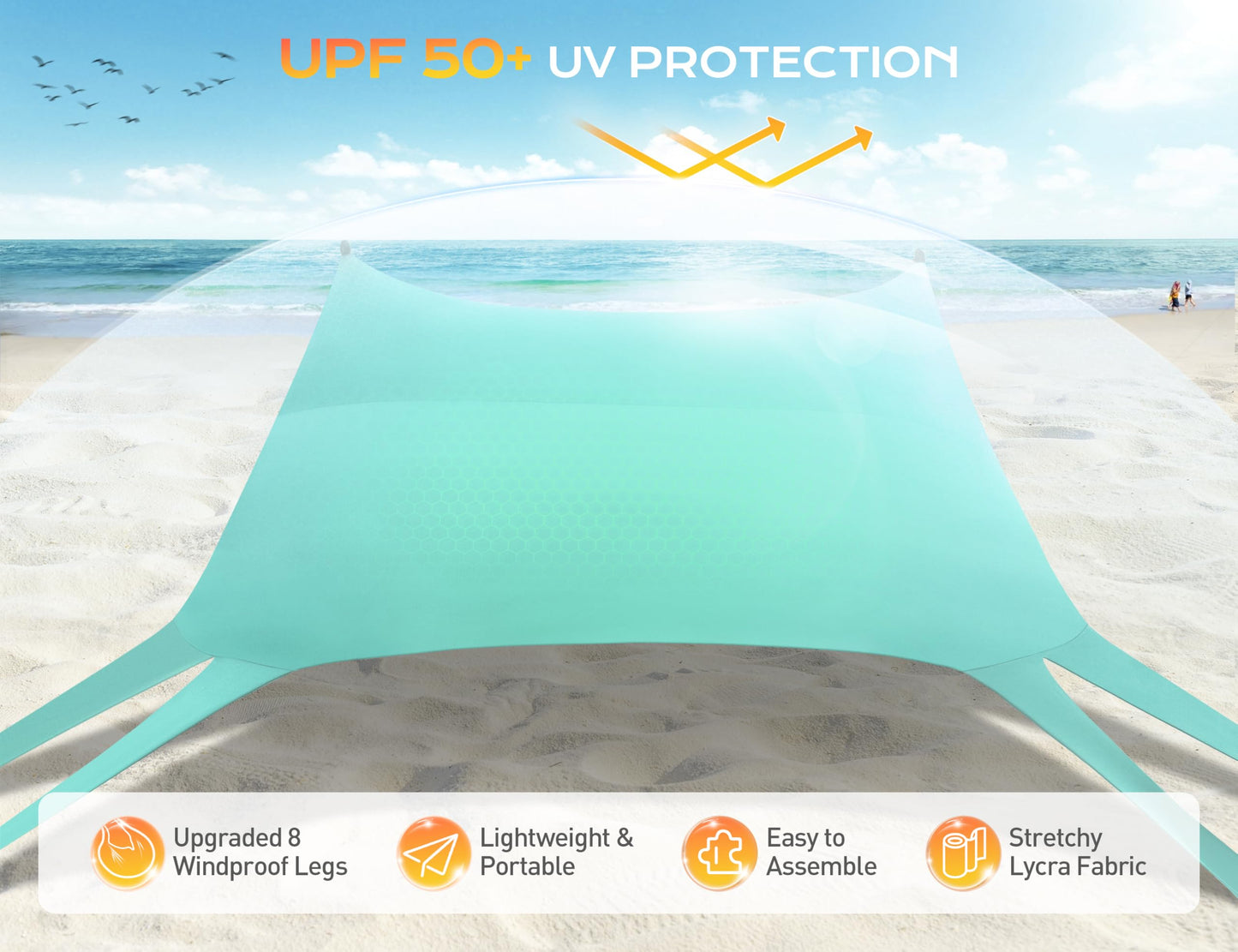 Rengue Beach Tent, Beach Canopy UPF50+ UV Protection, 10x10ft Beach Shade Sun Shelter with 8 Sandbags, Sand Shovels, Ground Peg, Stability Poles for Camping, Fishing, Picnic, Backyard Fun, Light Green