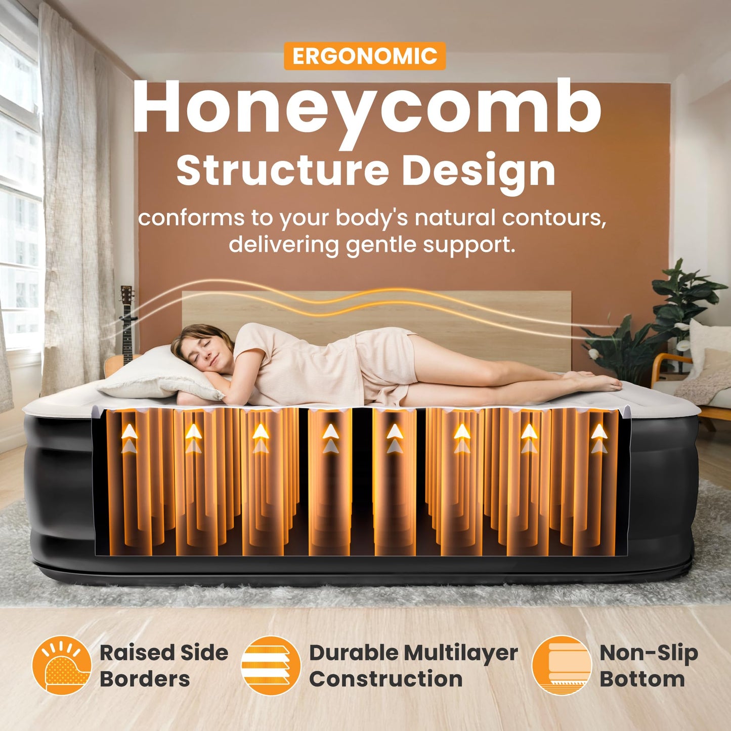 Dr. air Full Air Mattress with Built-in Pump, 18" Raised Blow Up Mattress, 600 lbs Max Honeycomb Air Bed, 48Hr Leak-Proof Test, 3min Inflatable Mattress for Home, Guests, Camping, Colchones inflables