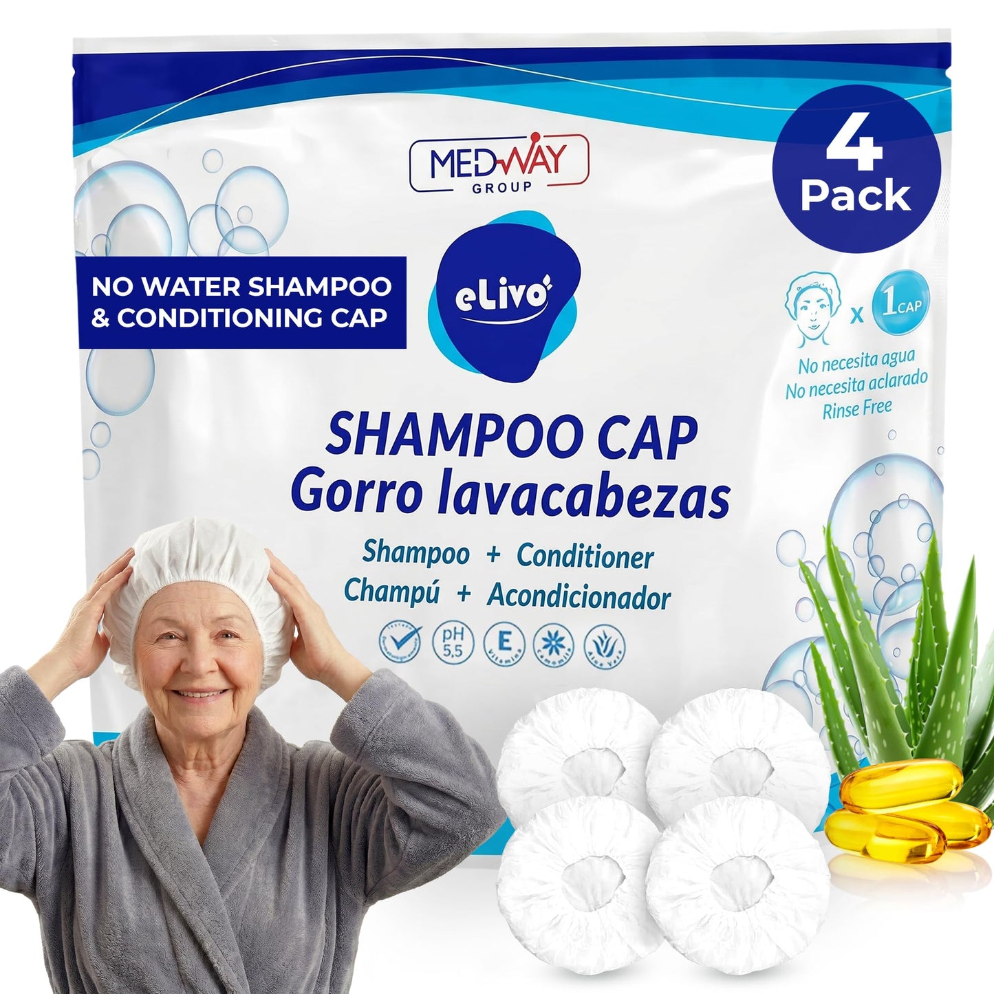 MedVance No Rinse Shampoo Cap, Rinse Free Shower Cap that Shampoos & Conditions, Elderly Care Products, Bedridden Patients, PH Balanced & Hypoallergenic, 3 Pack