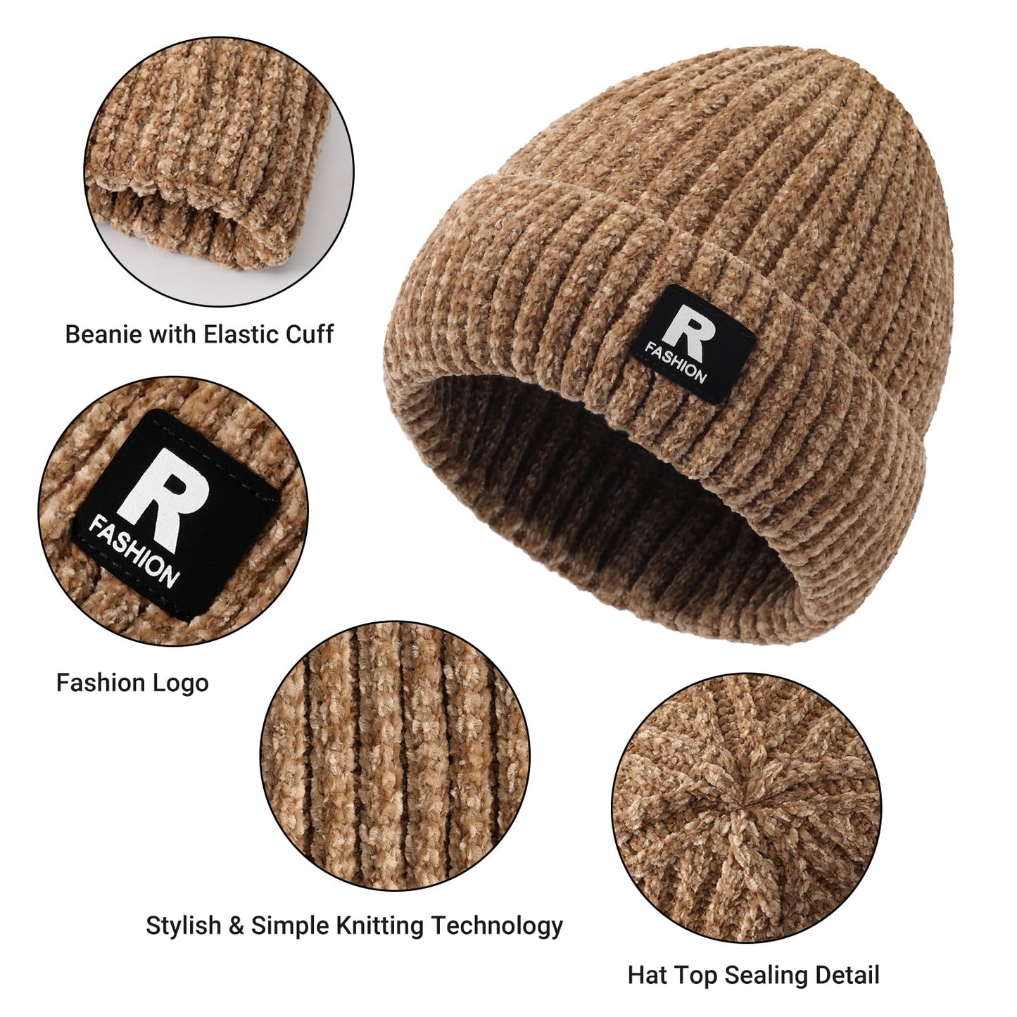Winter Beanie Hat Circle Scarf Gloves Set for Men Women, Thick Warm Chenille Skull Cap Touchscreen Gloves Neck Warmer