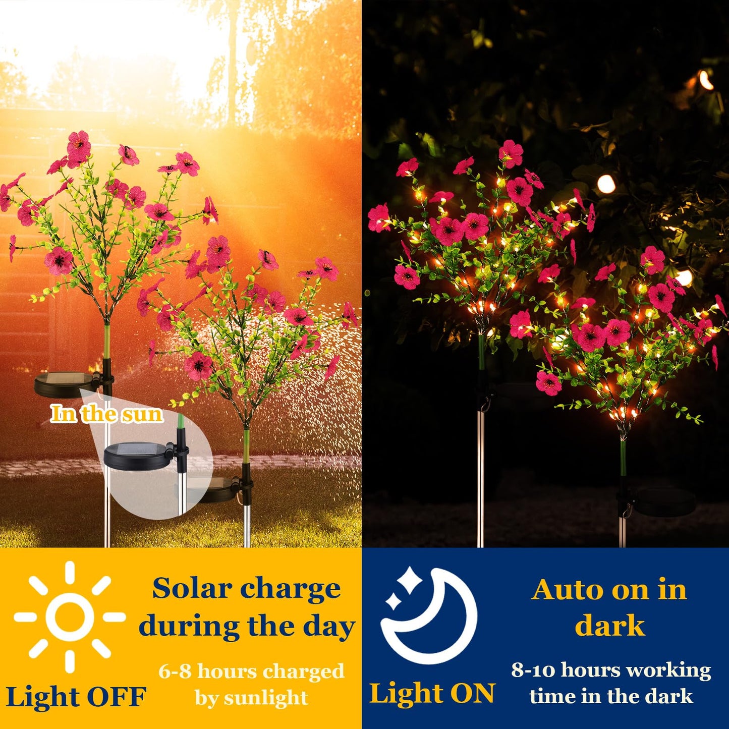 Glooglitter 2 Pack Solar Stake Lights Outdoor Decor Waterproof Mums Artificial Flowers Solar Lights for Outdoor Garden Yard Pathway Decor (Rose Red,Violet)