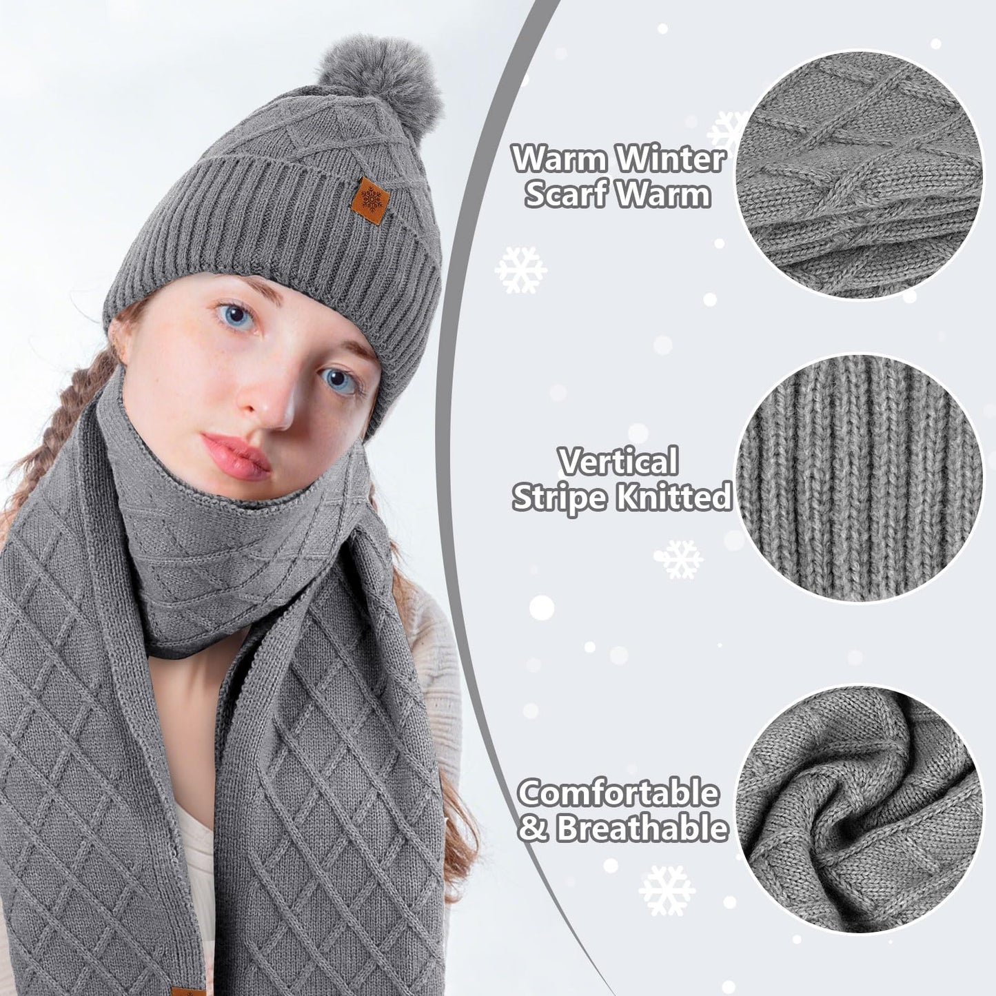 YARIEW Winter Hat Scarf and Gloves Set for Women, Warm Knitted Beanie with Pom Pom, Soft Ear Warmer Scarf, Warm Gloves