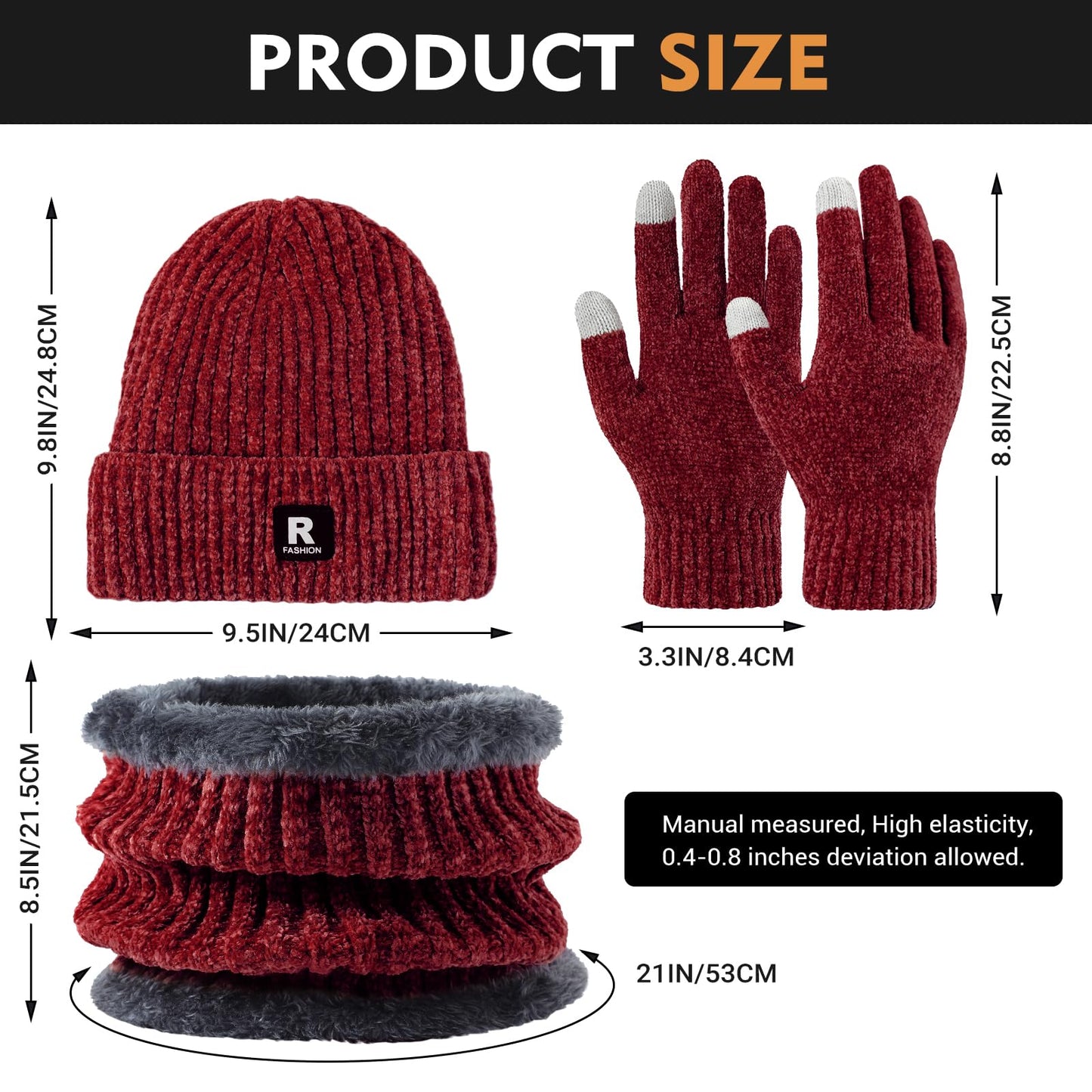 Winter Beanie Hat Circle Scarf Gloves Set for Men Women, Thick Warm Chenille Skull Cap Touchscreen Gloves Neck Warmer