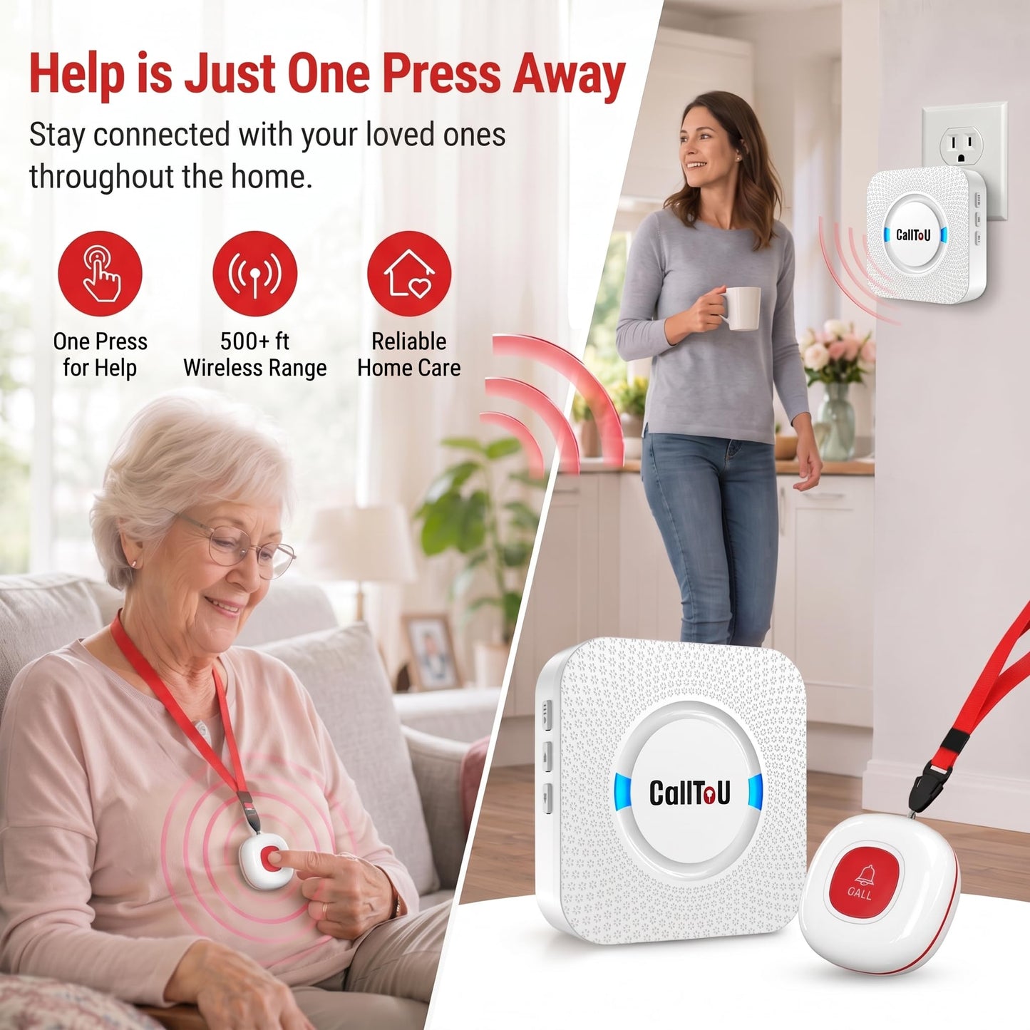 CallToU Wireless Caregiver Pager Smart Call System 2 SOS Call Buttons/Transmitters 2 Receivers Nurse Calling Alert Patient Help System for Home/Personal Attention Pager 500+Feet Plugin Receiver