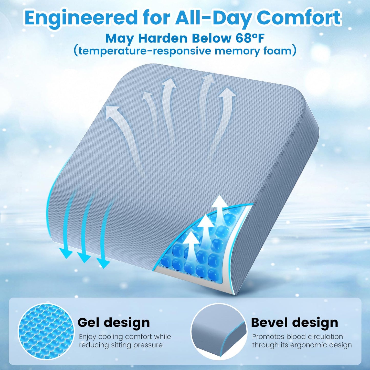 Wheelchair Seat Cushion for Pressure Relief, Cooling Gel Memory Foam Chair Cushion with Slope-Edge Design, Coccyx Support for Tailbone Pain, Non-Slip, for Wheelchairs, Office Chairs & Car Seats