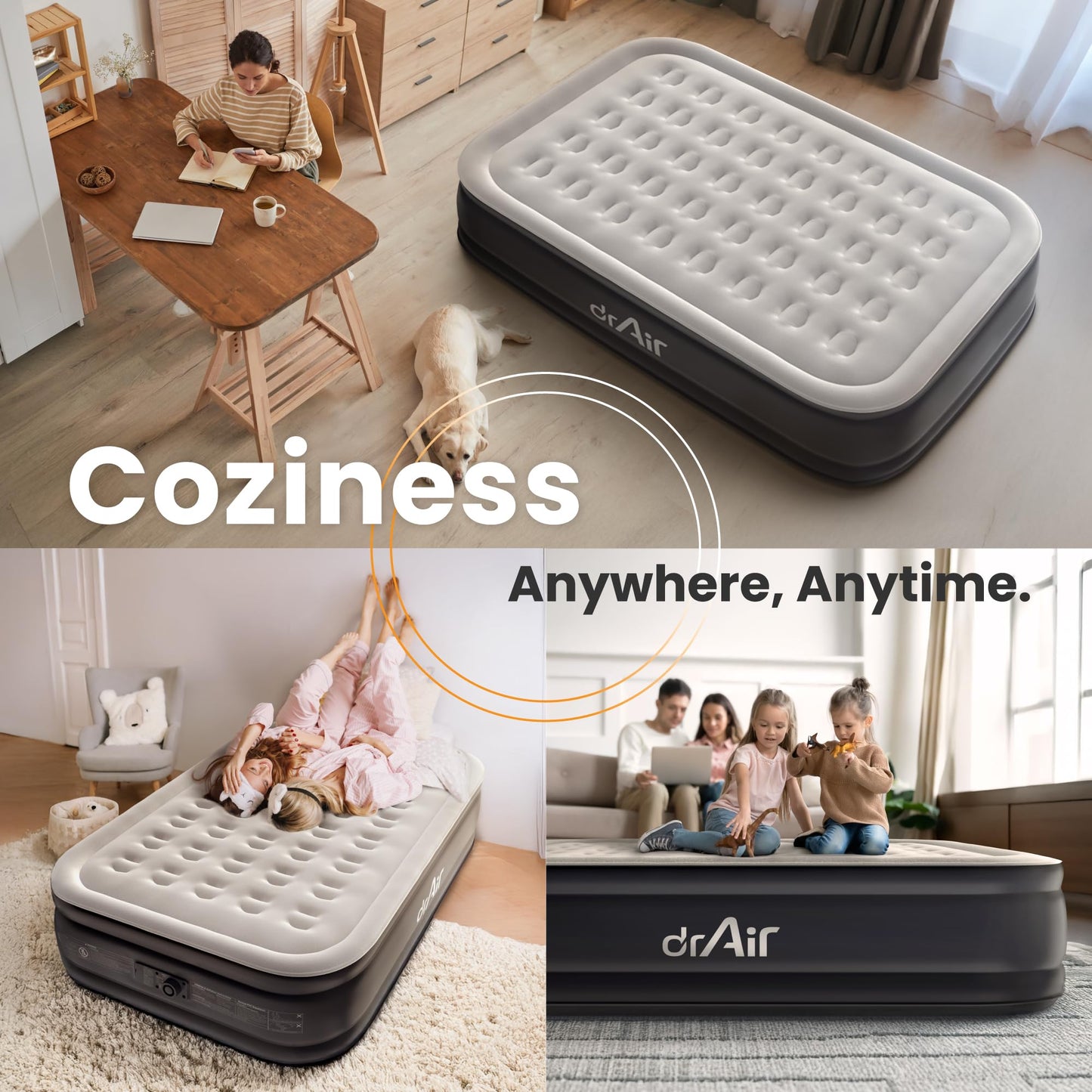 Dr. air Full Air Mattress with Built-in Pump, 18" Raised Blow Up Mattress, 600 lbs Max Honeycomb Air Bed, 48Hr Leak-Proof Test, 3min Inflatable Mattress for Home, Guests, Camping, Colchones inflables