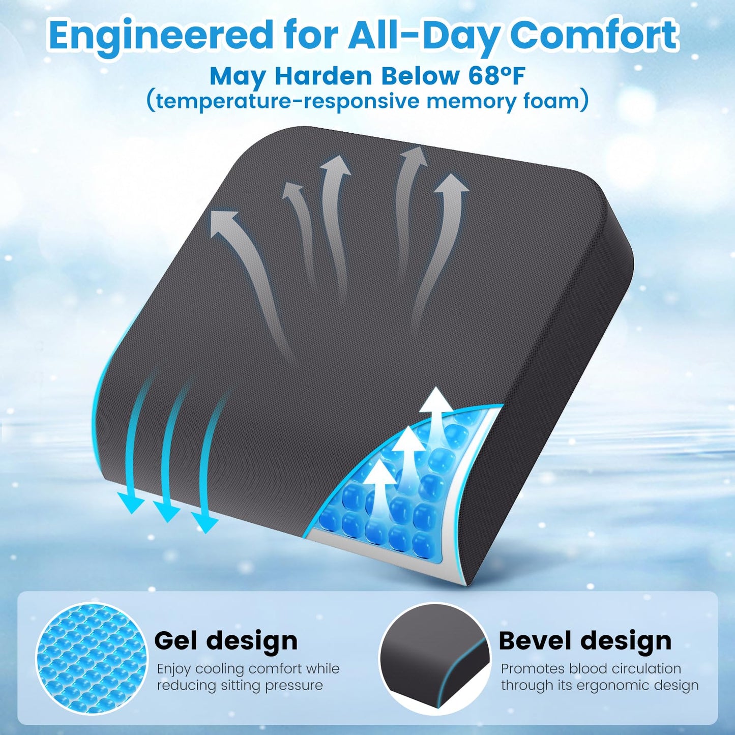 Wheelchair Seat Cushion for Pressure Relief, Cooling Gel Memory Foam Chair Cushion with Slope-Edge Design, Coccyx Support for Tailbone Pain, Non-Slip, for Wheelchairs, Office Chairs & Car Seats