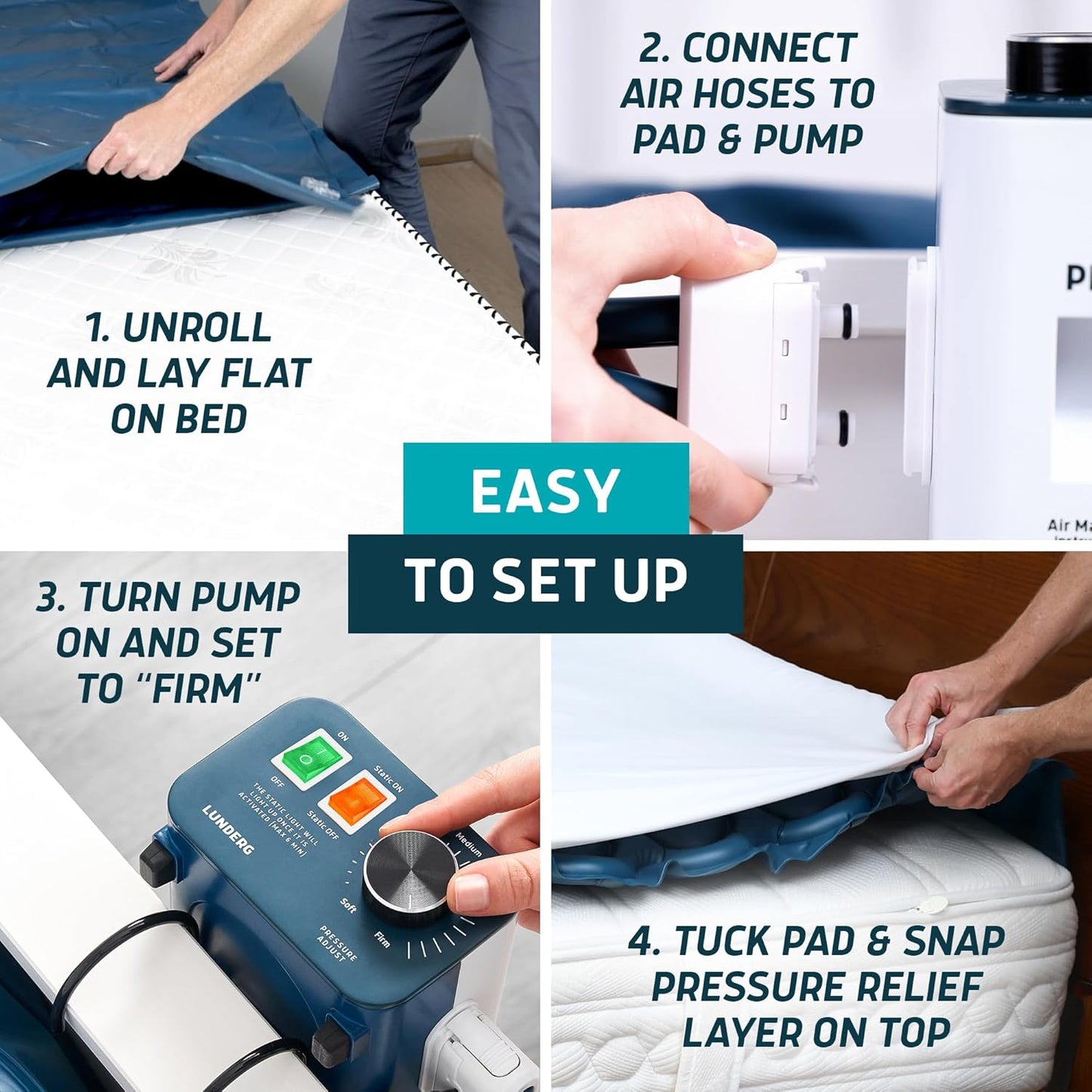 Lunderg Alternating Air Pressure Mattress Pad with Static Mode - Comfortable Bed Sore Prevention - Includes Waterproof Mattress Topper for Hospital Bed or Home & Quiet Pump - Doctors Recommended