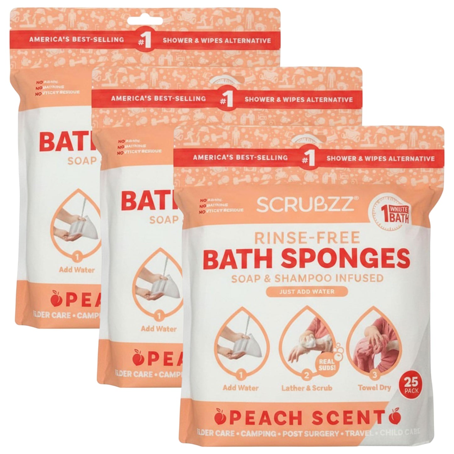 Scrubzz Disposable Rinse Free Bathing Wipes - 25 Pack - All-in-1 Single Use Shower Wipes, Simply Dampen, Lather, and Dry Without Shampoo or Rinsing
