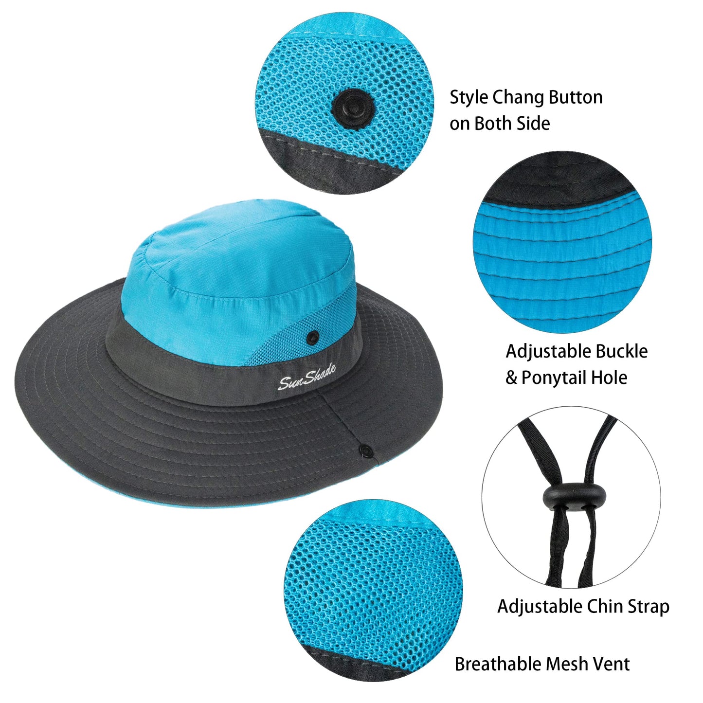 Women's Summer Sun-Hat Ponytail - Outdoor UV-Protection Mesh Wide Brim Foldable Hat with Ponytail Hole