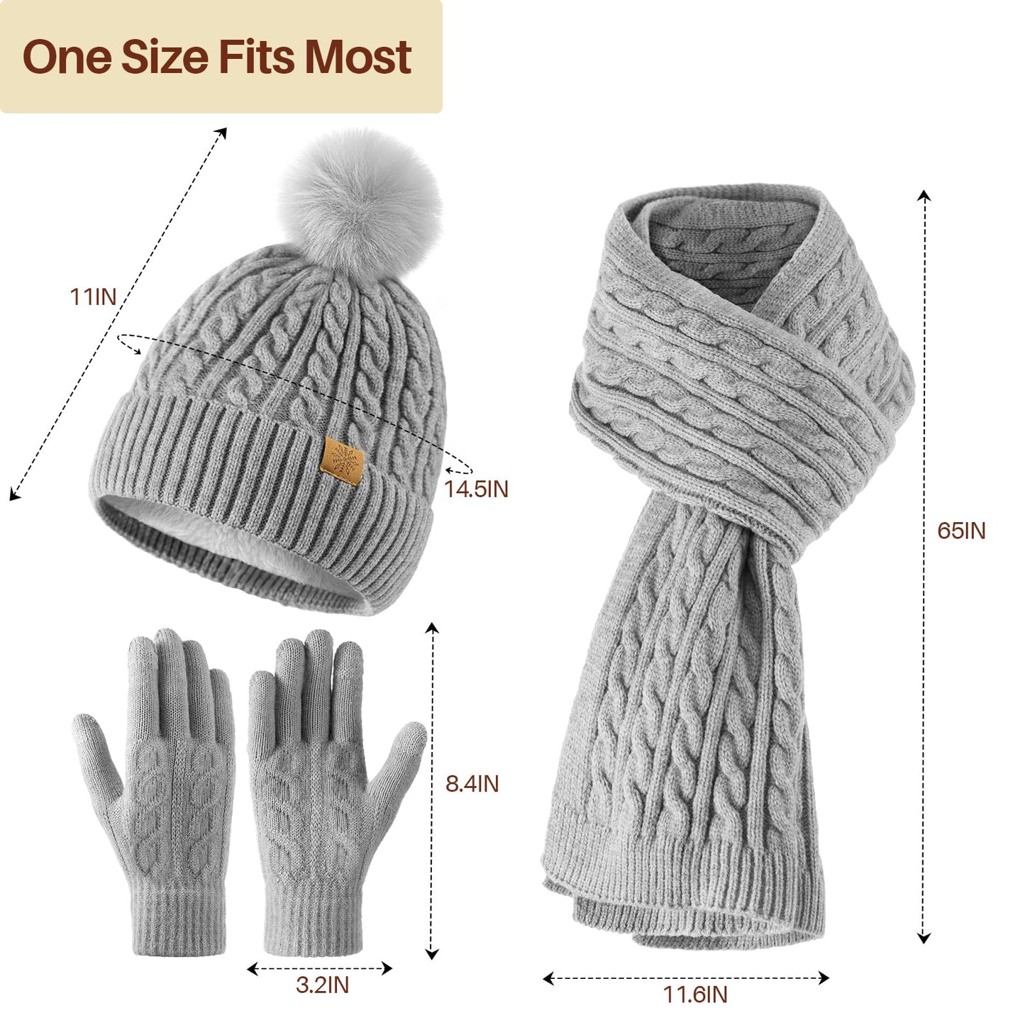 fauson Winter Hat Beanie Long Scarf Touchscreen Gloves Set, 3Pcs Fleece Lined Gloves Skull Cap Valentines Day Gifts for Her