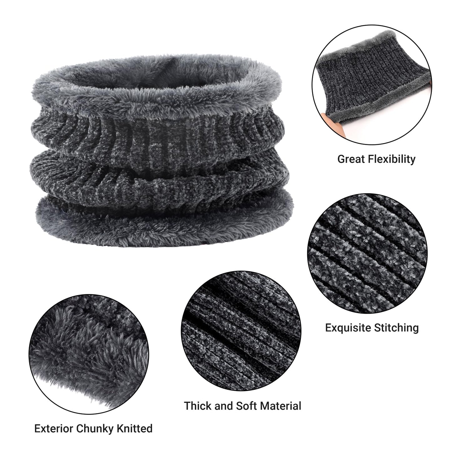 Winter Beanie Hat Circle Scarf Gloves Set for Men Women, Thick Warm Chenille Skull Cap Touchscreen Gloves Neck Warmer
