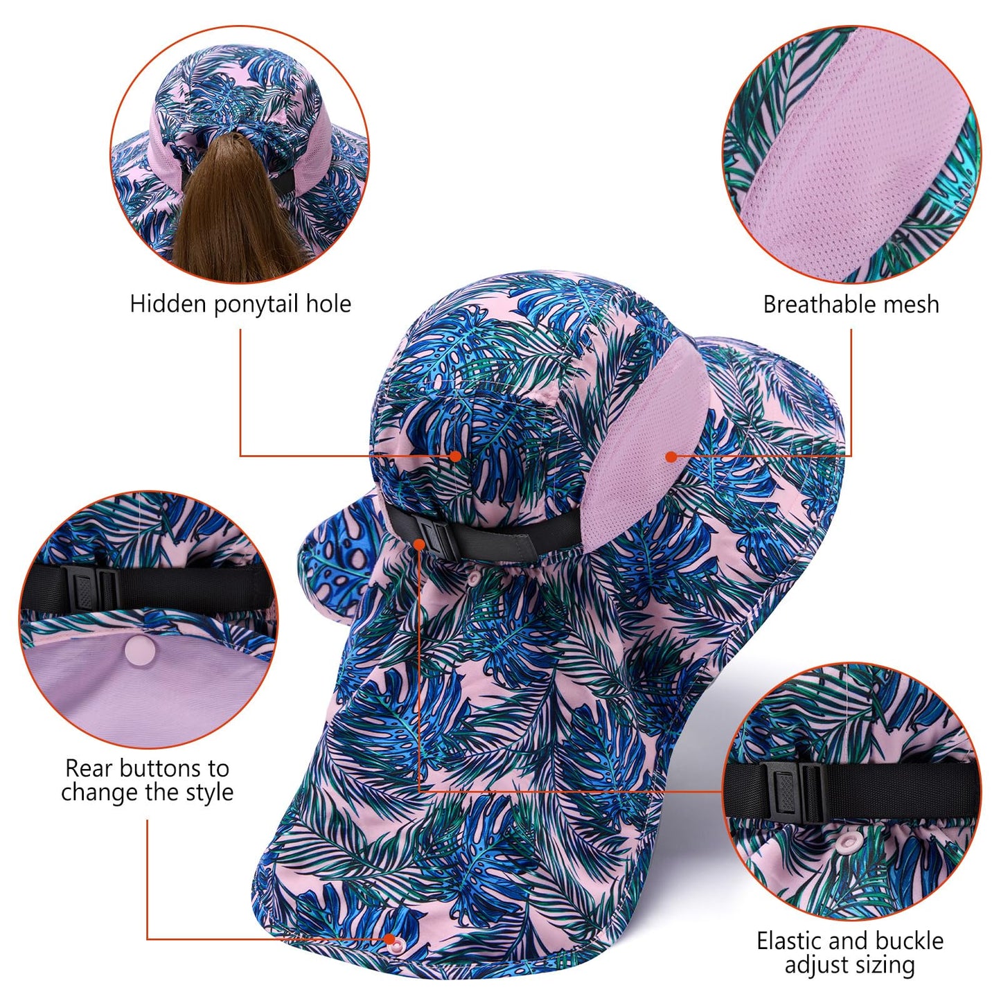 BASSDASH UPF 50+ Unisex Water Resistant Wide Brim Sun Hat with Large Neck Flap Ponytail Fishing Hat for Men Women