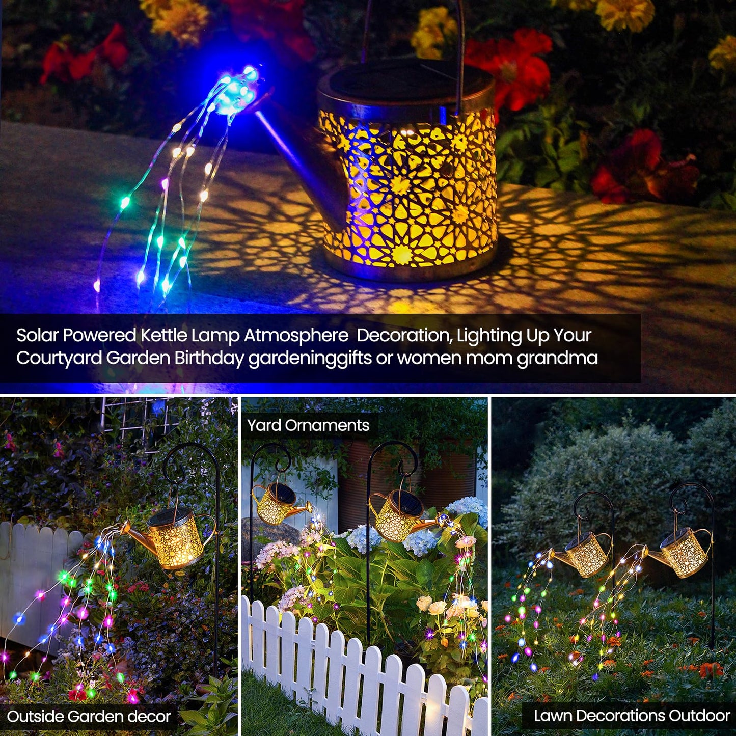 Solar Lights Outdoor Decorative, Metal Watering Can Lights Waterproof, Small Hanging Garden Decor Yard Outside Patio Lawn, Gifts for Mom Grandma Women Birthday(Warm White)