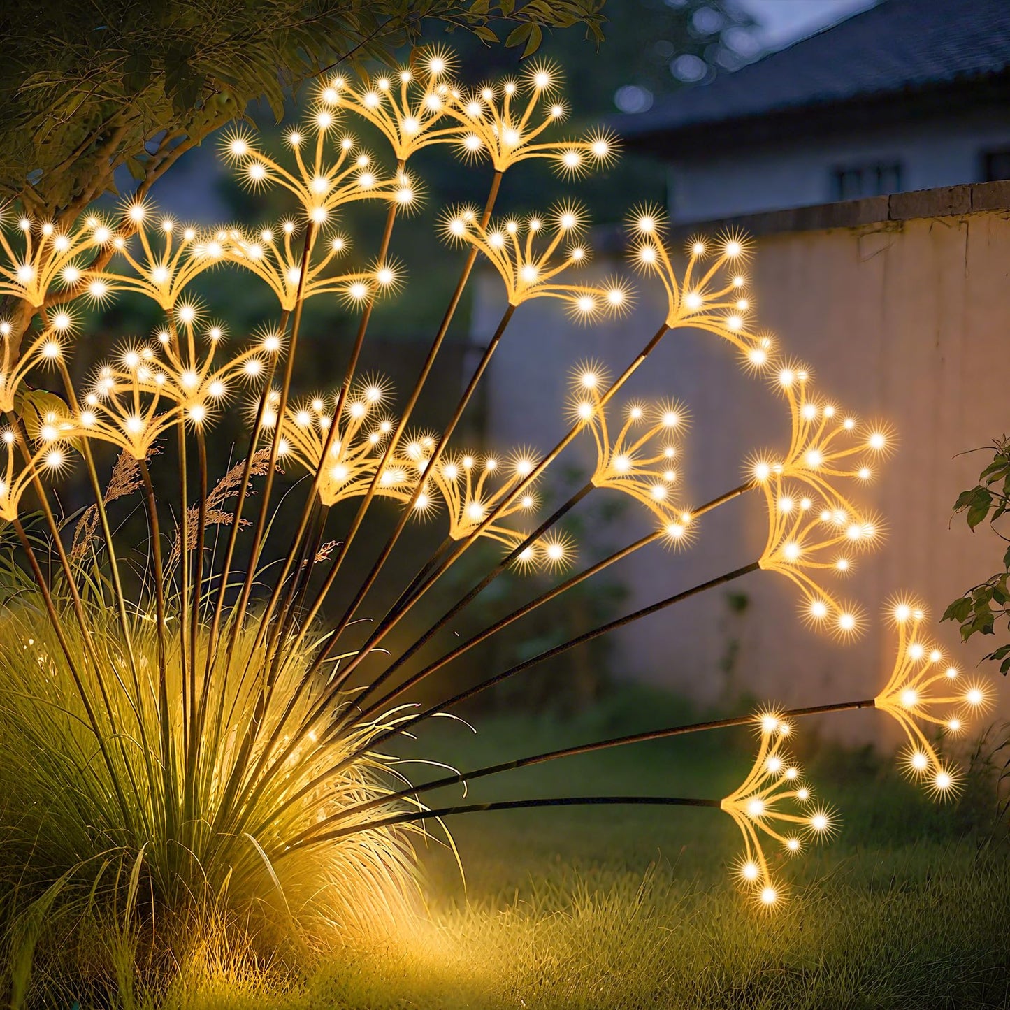 JJGoo Solar Garden Lights, New Upgraded 2 Pack Solar Swaying Starburst Light, Waterproof Fireworks Outdoor Lights, Yard Patio Pathway Decoration, Warm White