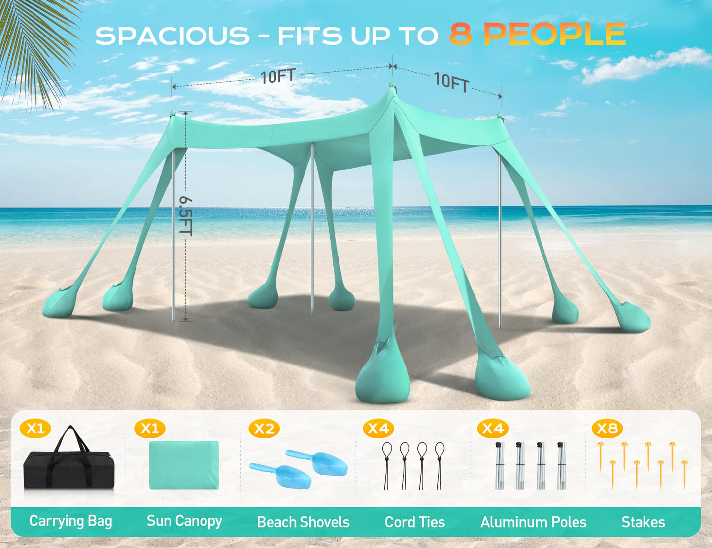 Rengue Beach Tent, Beach Canopy UPF50+ UV Protection, 10x10ft Beach Shade Sun Shelter with 8 Sandbags, Sand Shovels, Ground Peg, Stability Poles for Camping, Fishing, Picnic, Backyard Fun, Light Green