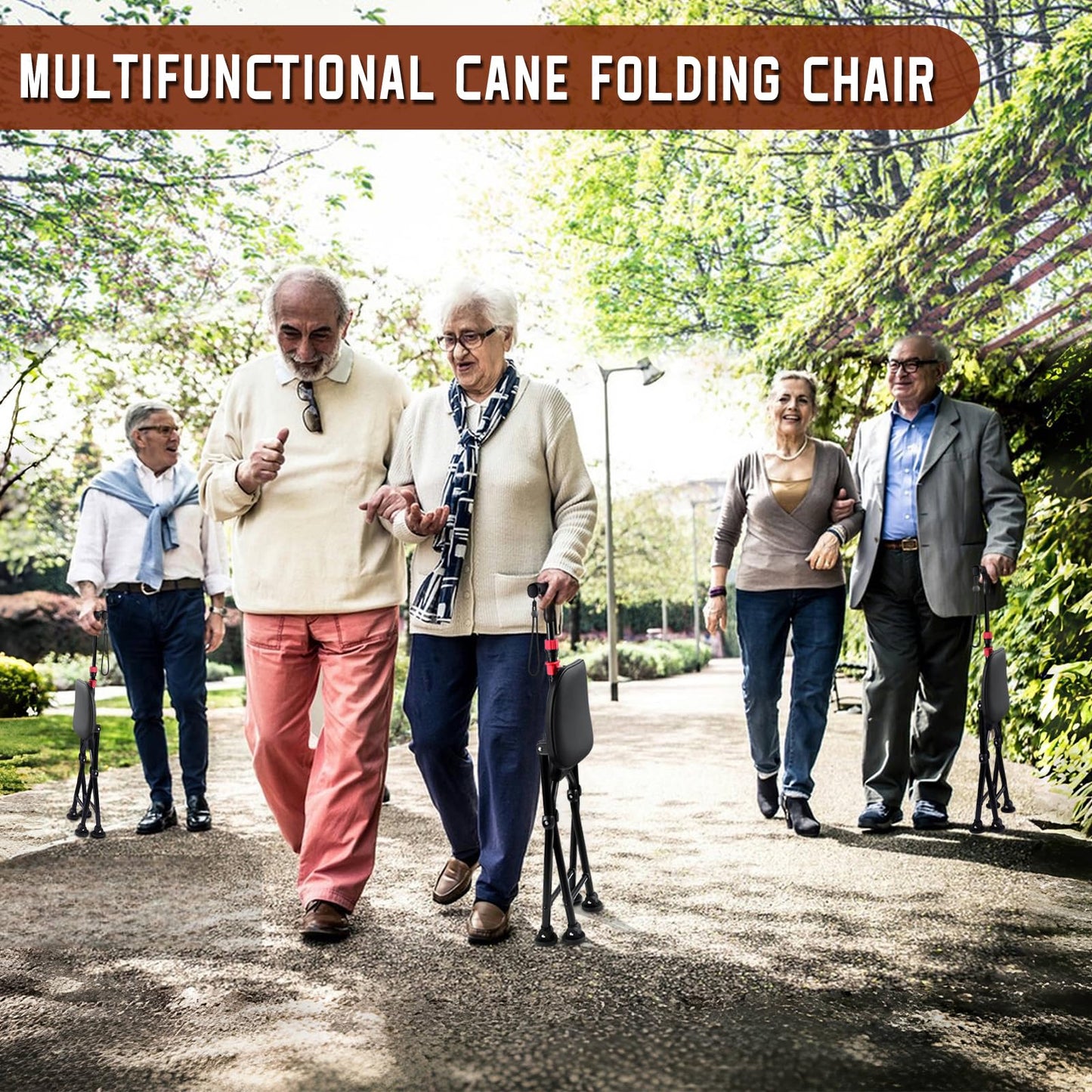 Four-Legged Cane with Seat, Unisex Cane with Seat Folding Lightweight, Adjustable Anti-Slip Cane Chair, Walking Cane with Seat Suitable for Men, Women, Adults and Seniors