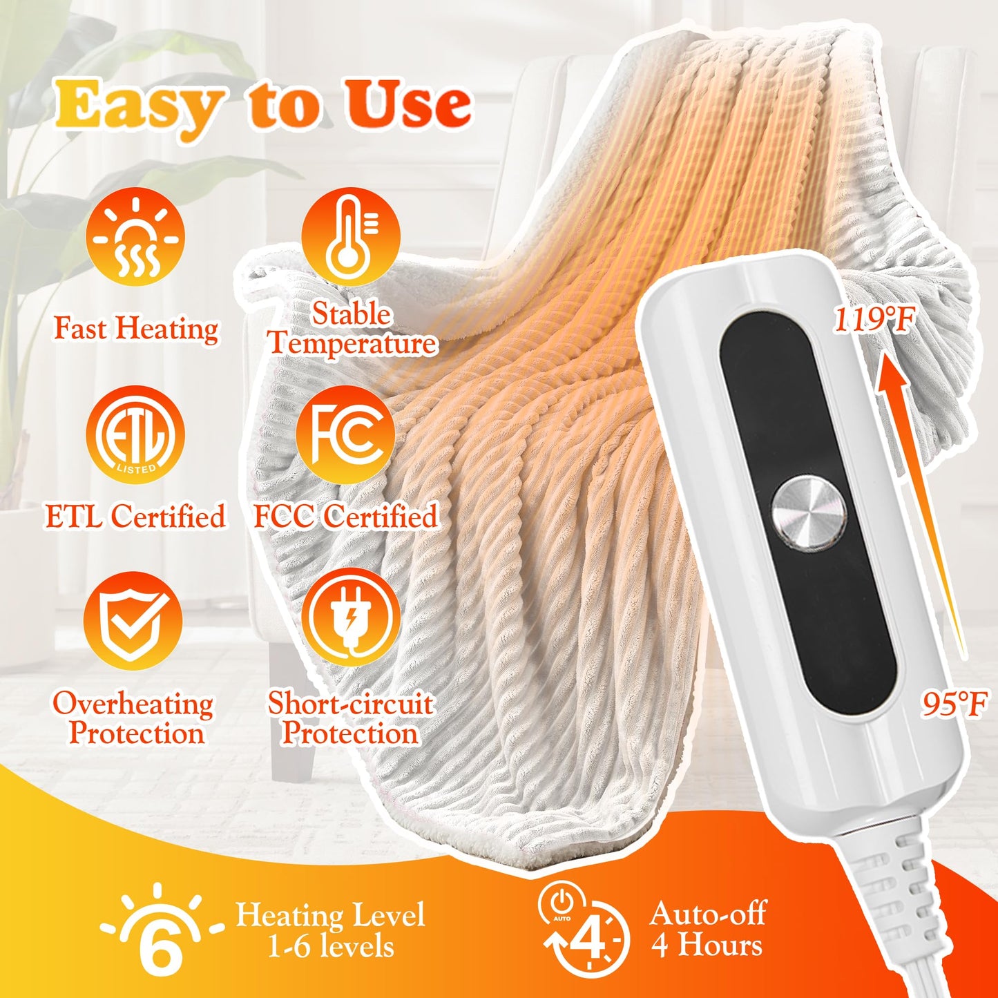 Heated Blanket Throw Size - Fast Warming with 6 Heat Settings & 4 Hours Auto-Off, Electric Throw Blanket for Couch, 50"x60", Grey