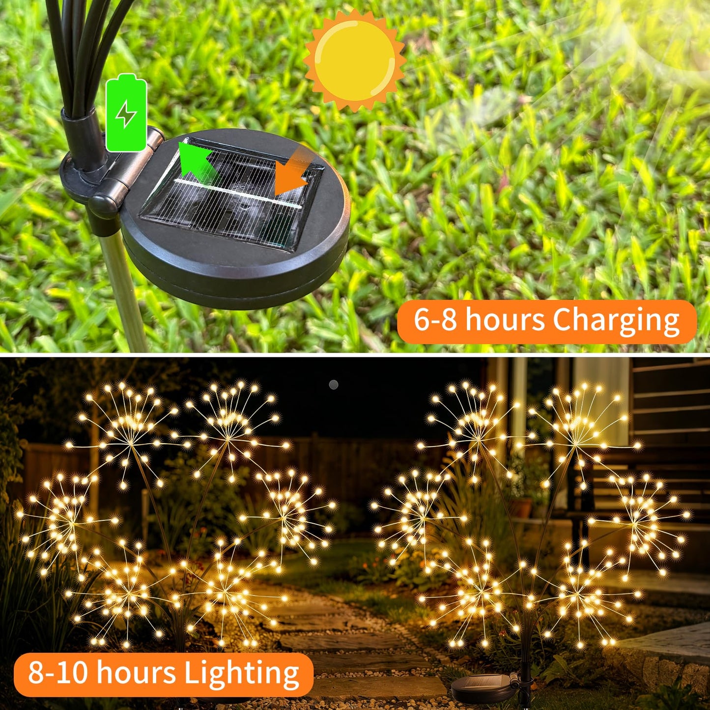 JJGoo Solar Garden Lights, New Upgraded 2 Pack Solar Swaying Starburst Light, Waterproof Fireworks Outdoor Lights, Yard Patio Pathway Decoration, Warm White