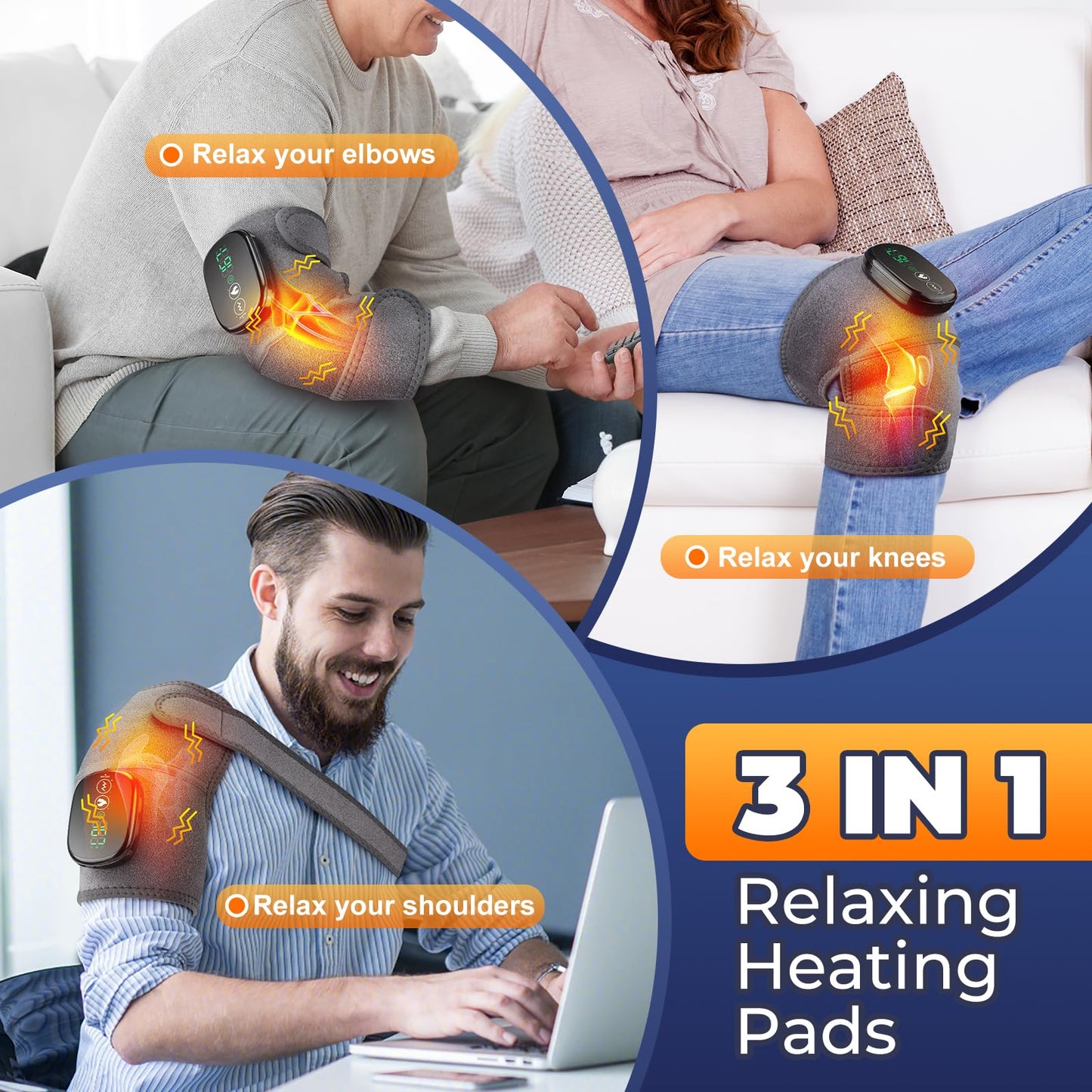 Cordless Heated Knee Massager, FSA Eligible 3-in-1 Wearable Wrap for Knee, Elbow and Shoulder, Rechargeable Heat and Vibration Massager, 6 Heat Levels, 3 Massage Modes