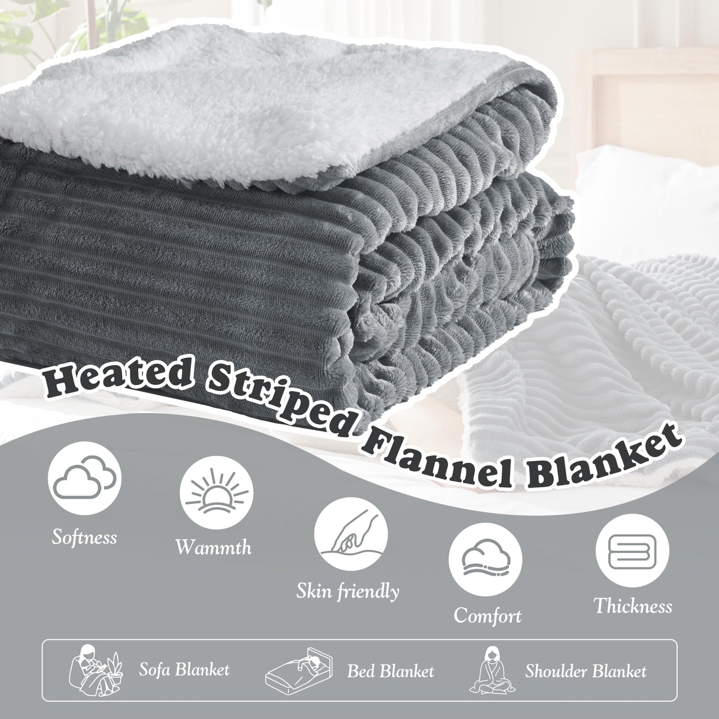 Heated Blanket Throw Size - Fast Warming with 6 Heat Settings & 4 Hours Auto-Off, Electric Throw Blanket for Couch, 50"x60", Grey